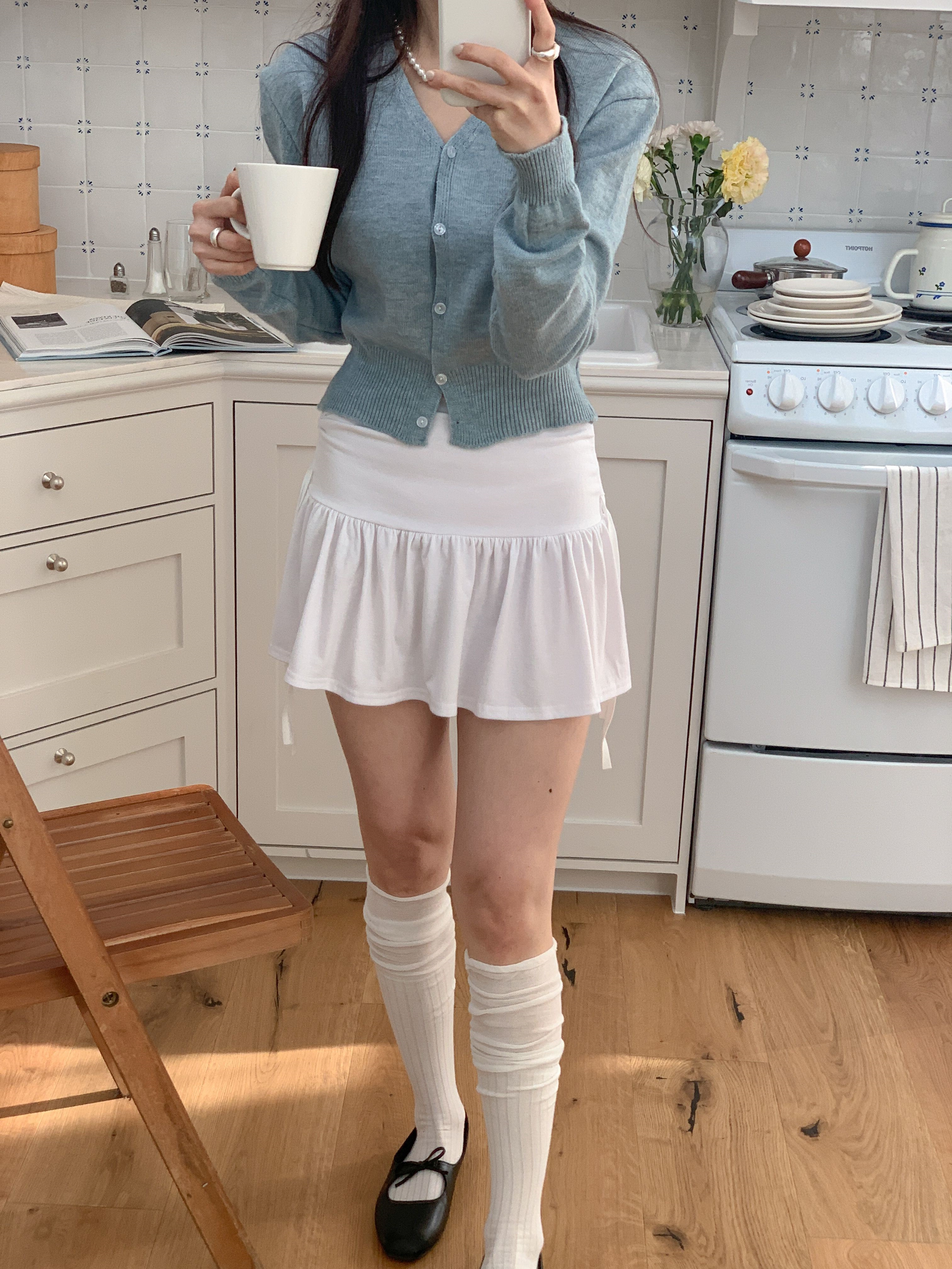 ボタンVネックルーズ長袖セミクロップド無地カーディガン | 詳細画像17