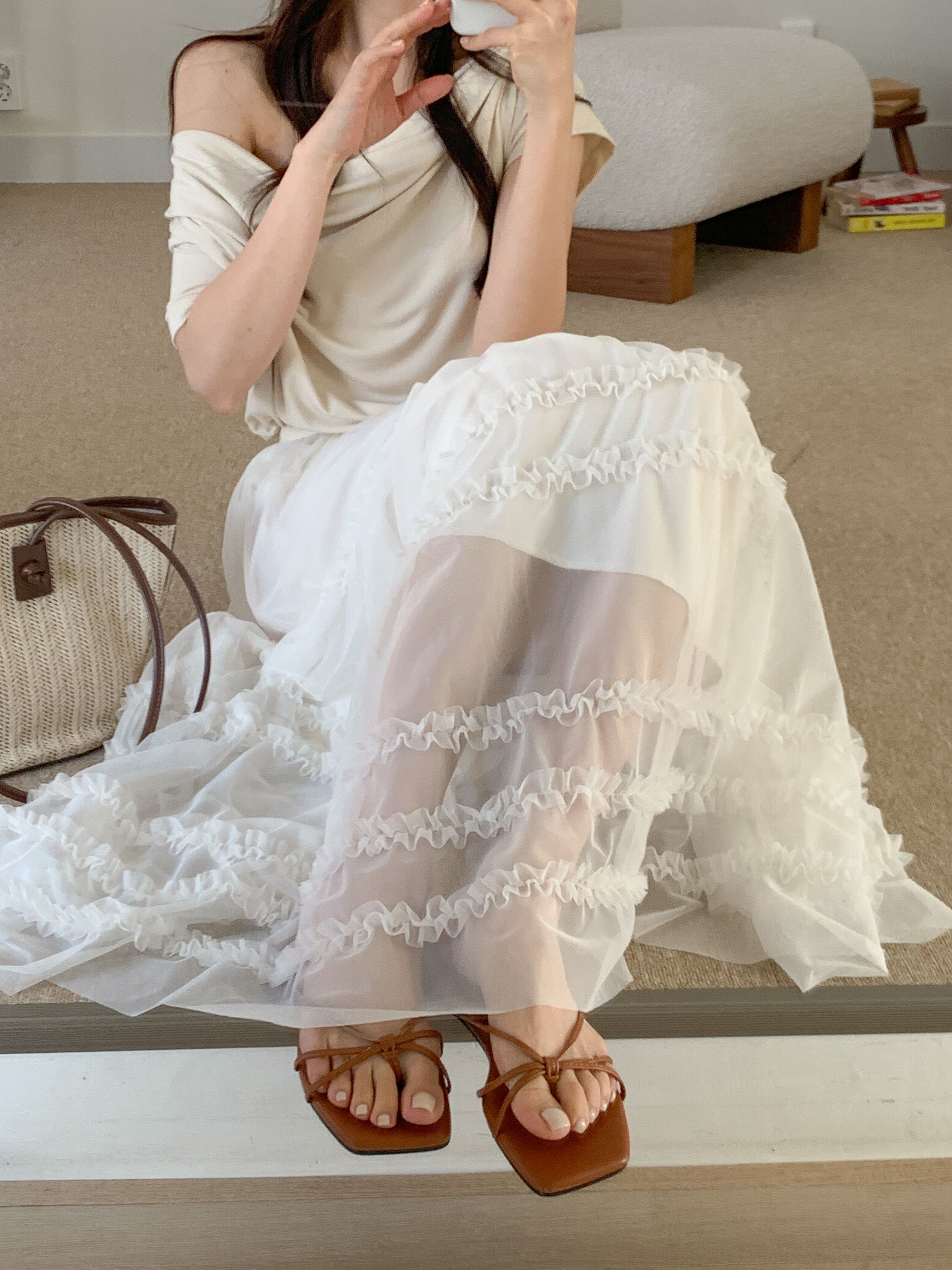 レースシースルーフリルティアードウエストゴムロングスカート | 詳細画像2