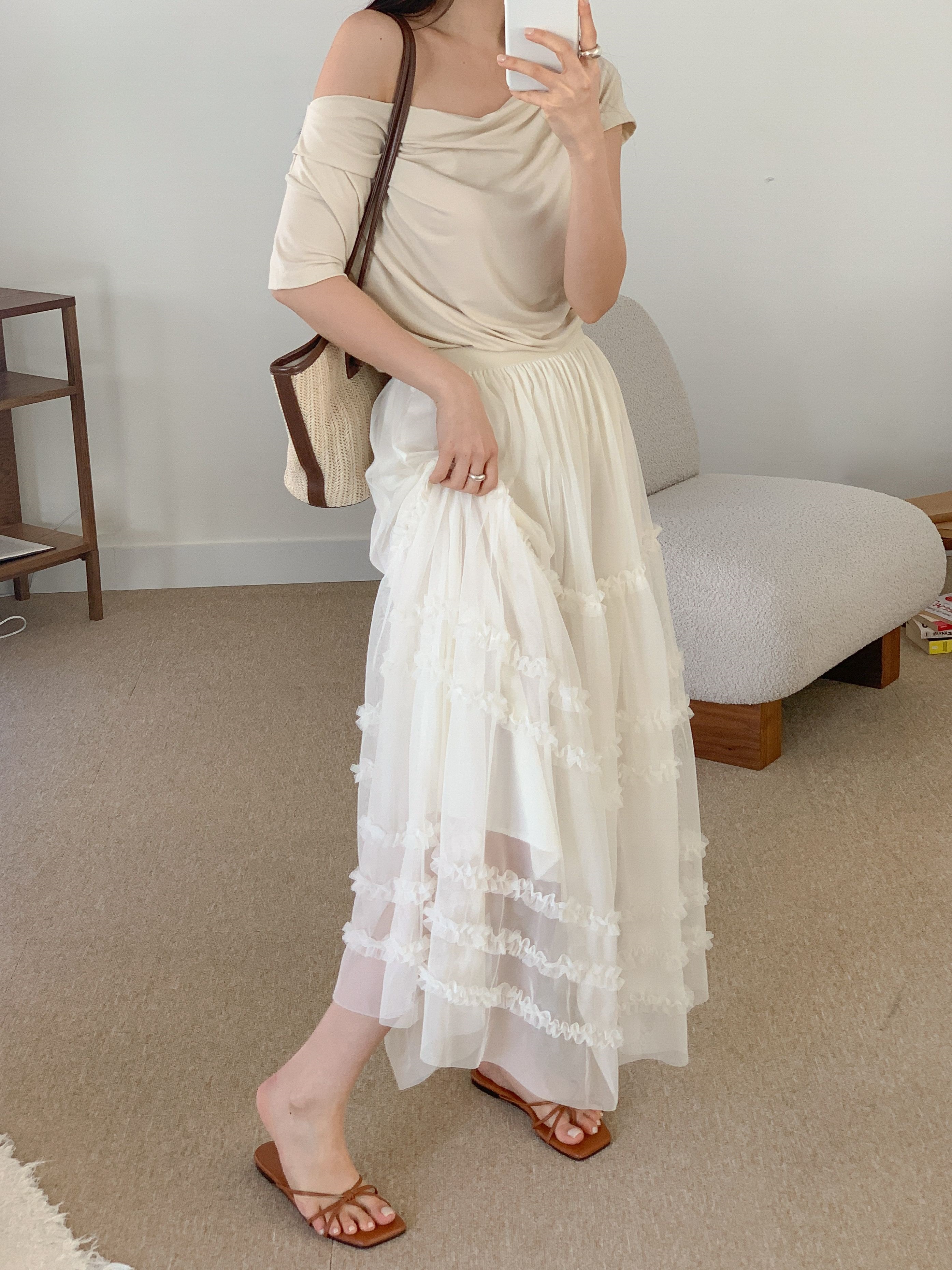 レースシースルーフリルティアードウエストゴムロングスカート | 詳細画像3