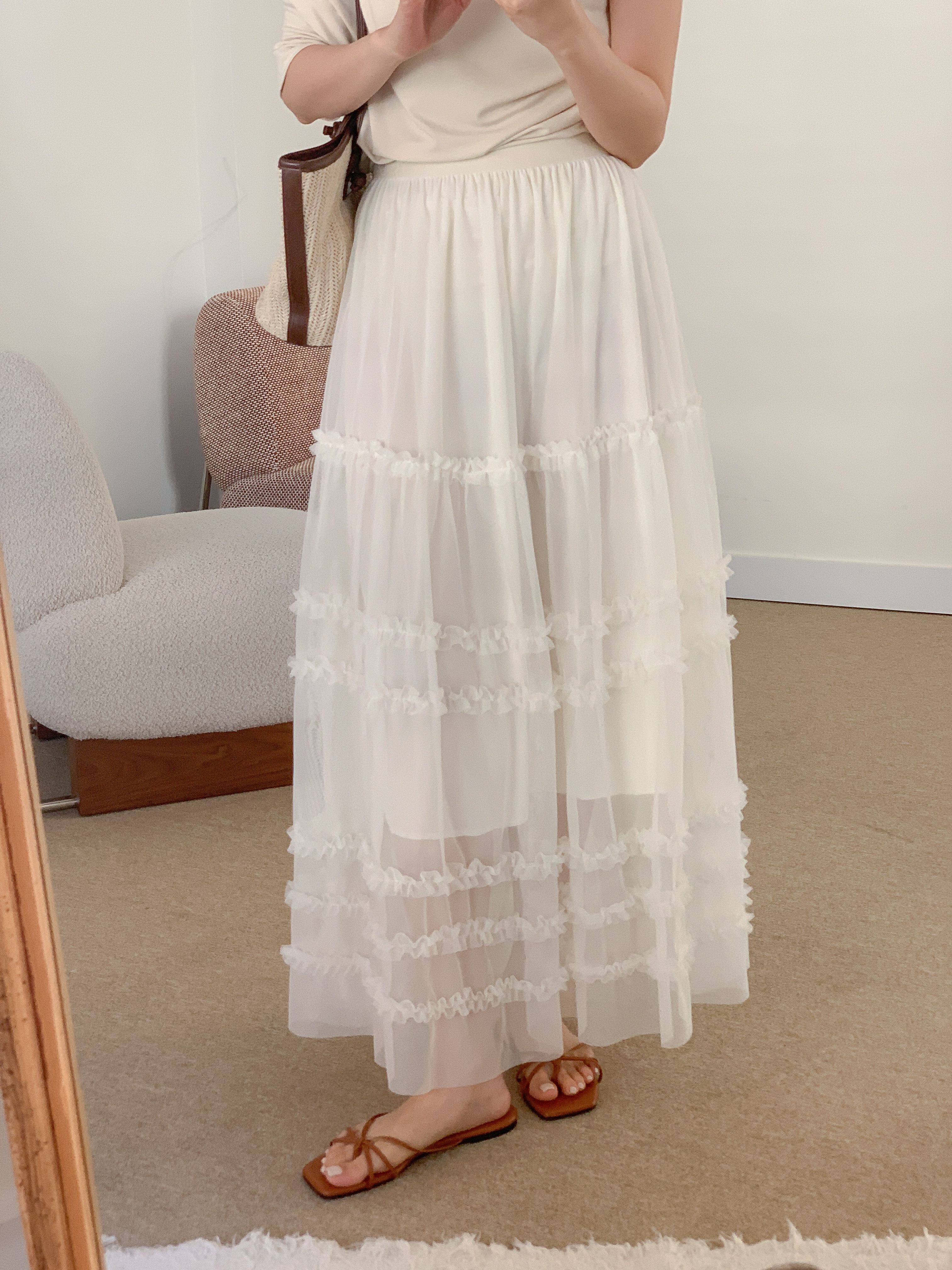 レースシースルーフリルティアードウエストゴムロングスカート | 詳細画像5