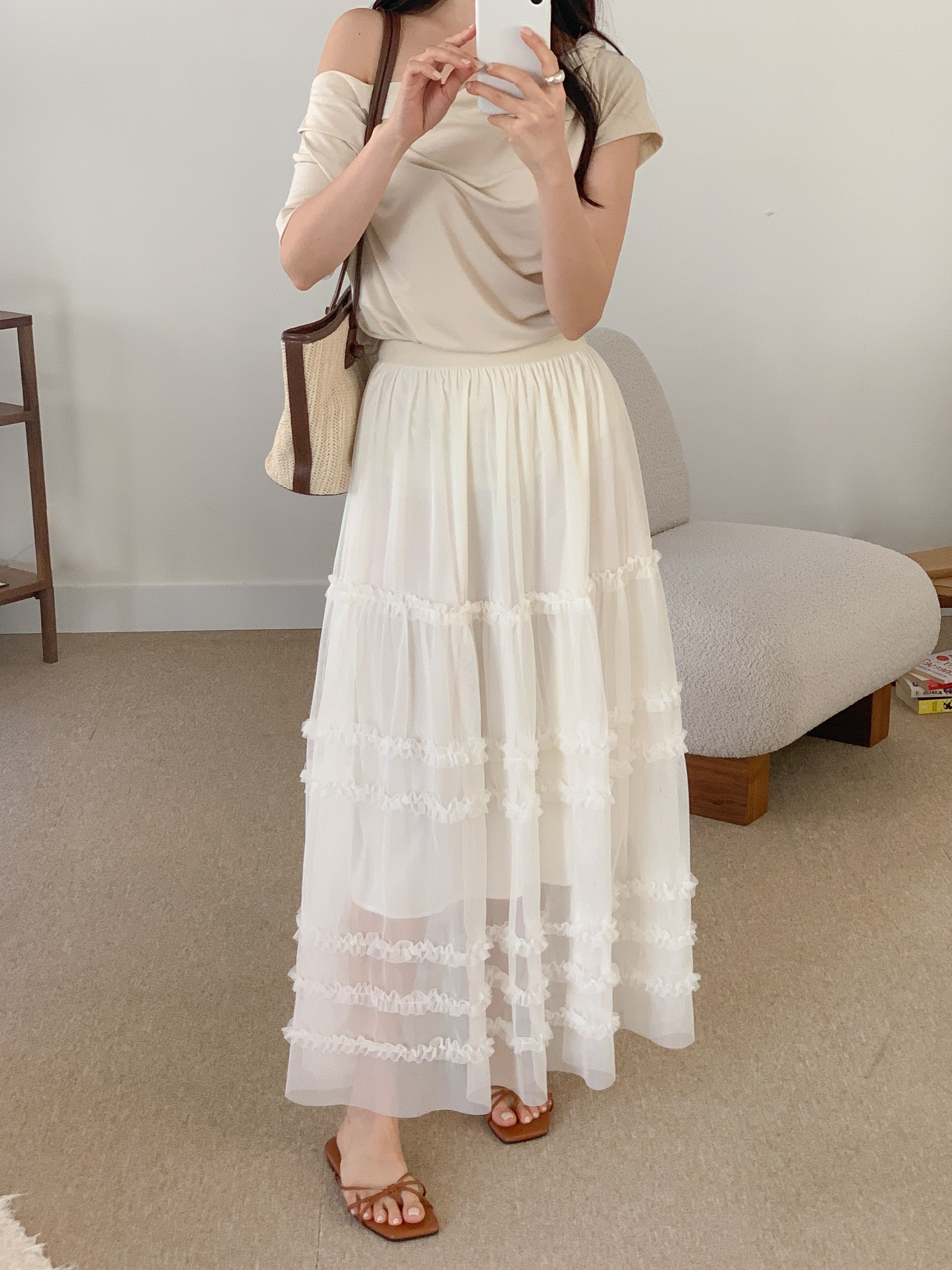 レースシースルーフリルティアードウエストゴムロングスカート | 詳細画像7