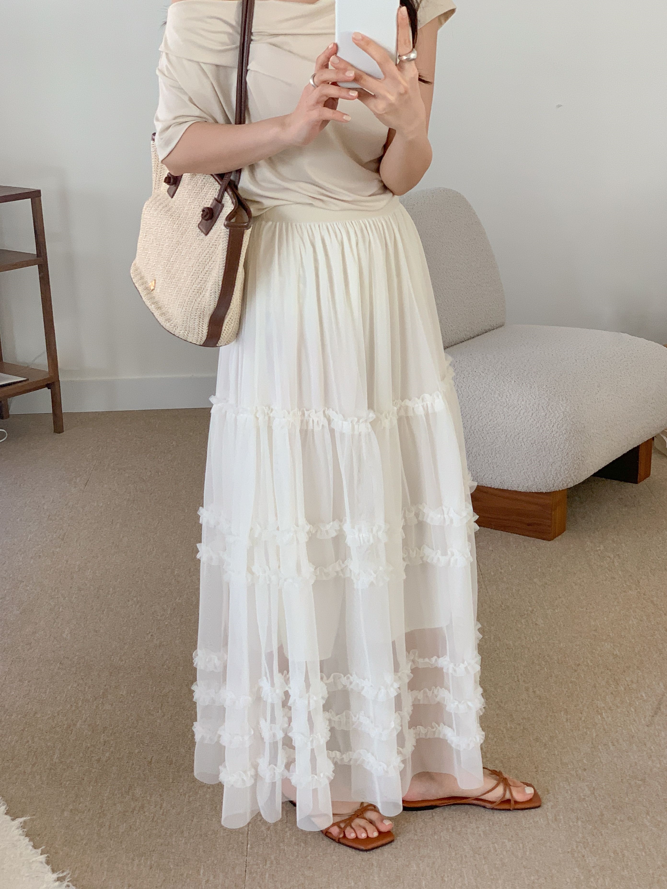 レースシースルーフリルティアードウエストゴムロングスカート | 詳細画像8