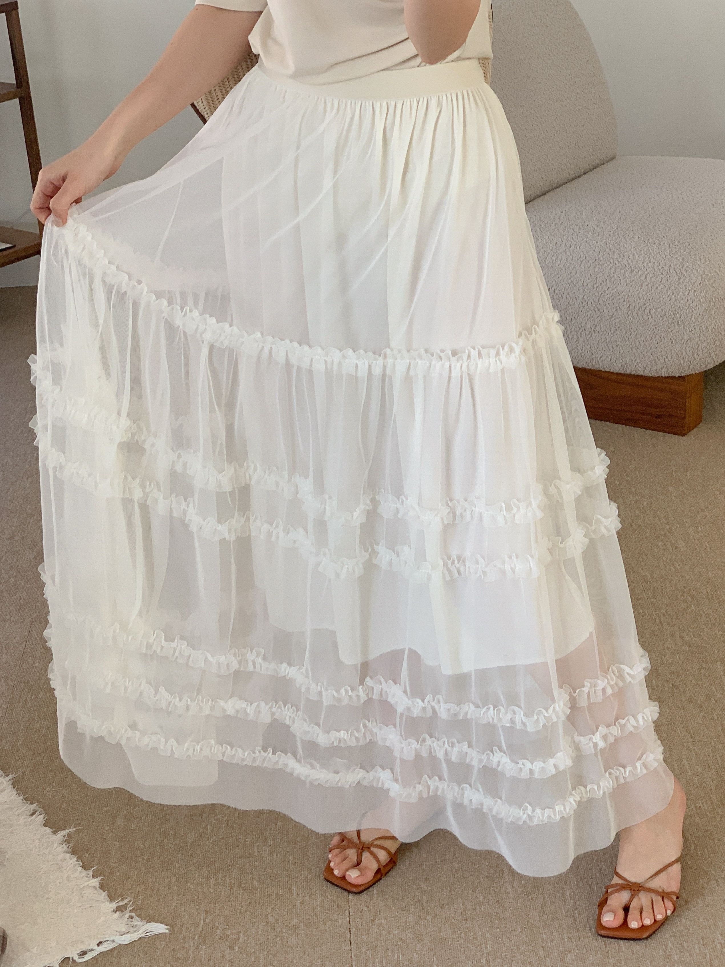 レースシースルーフリルティアードウエストゴムロングスカート | 詳細画像12