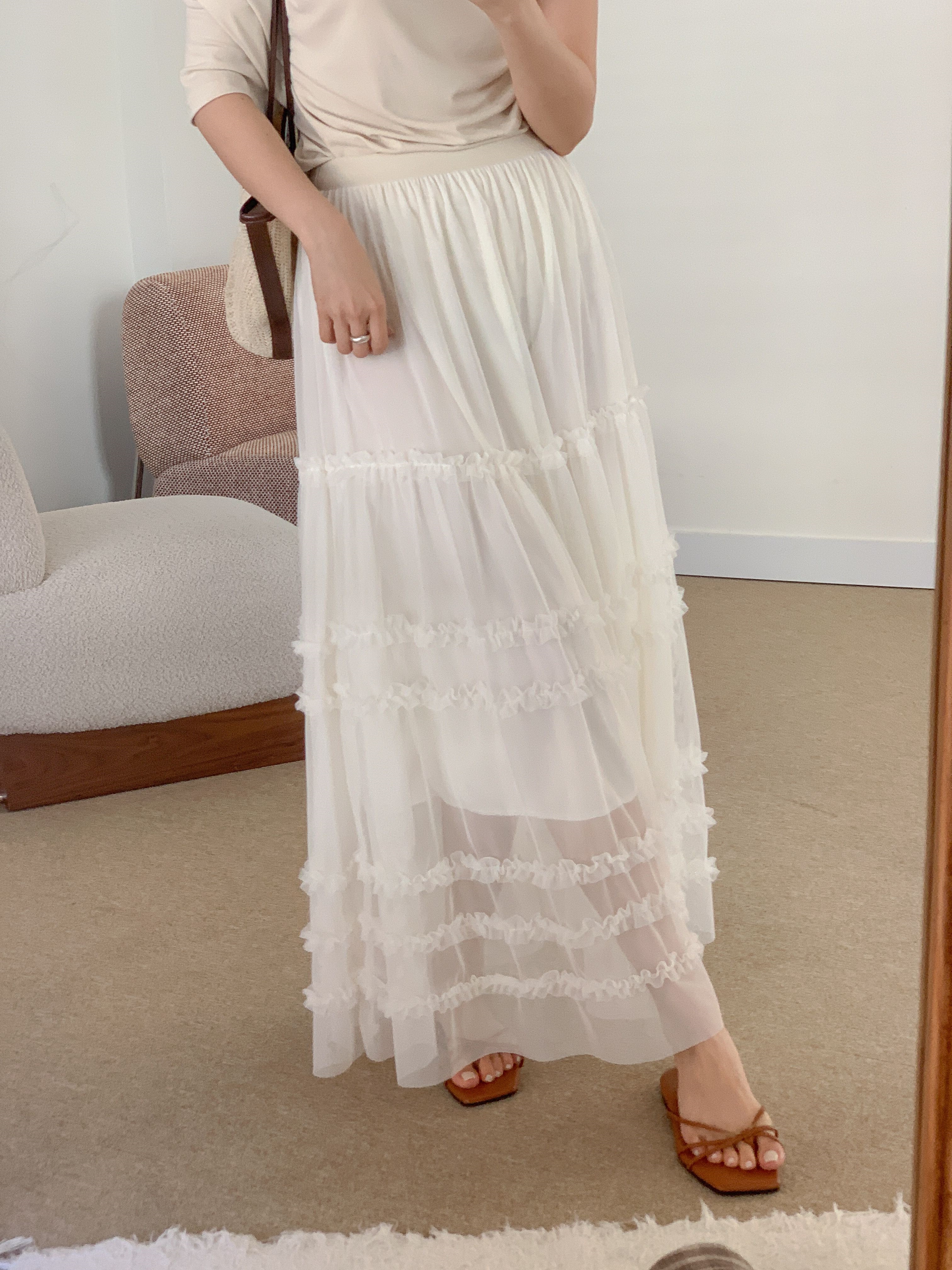 レースシースルーフリルティアードウエストゴムロングスカート | 詳細画像14