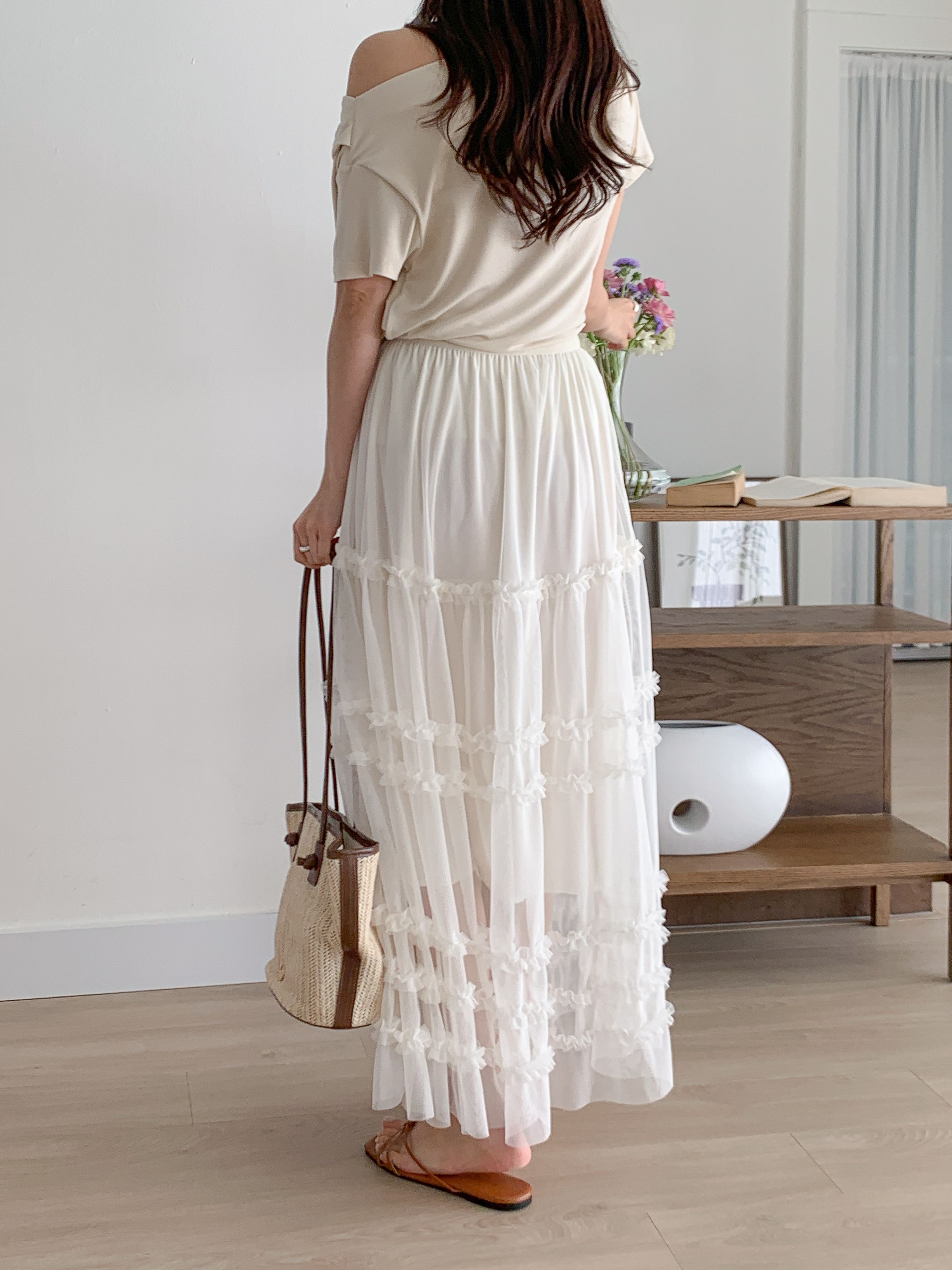 レースシースルーフリルティアードウエストゴムロングスカート | 詳細画像15