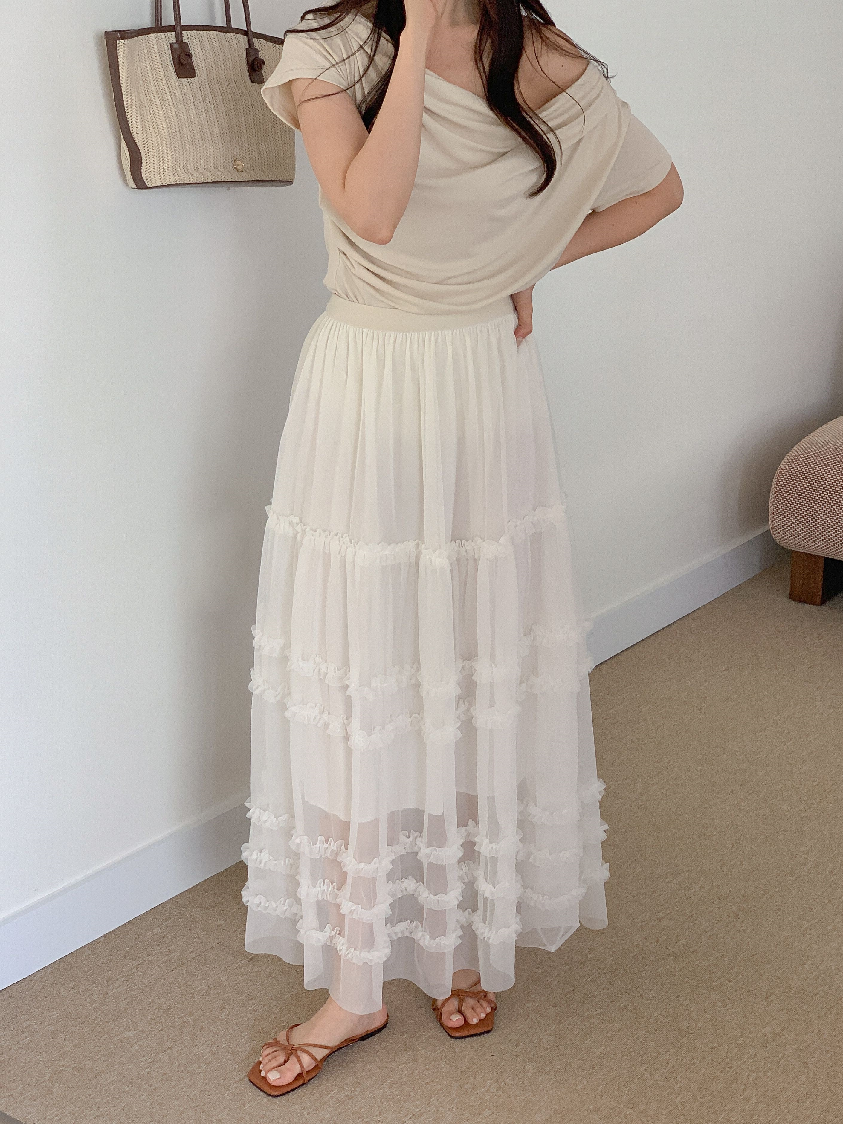 レースシースルーフリルティアードウエストゴムロングスカート | 詳細画像16