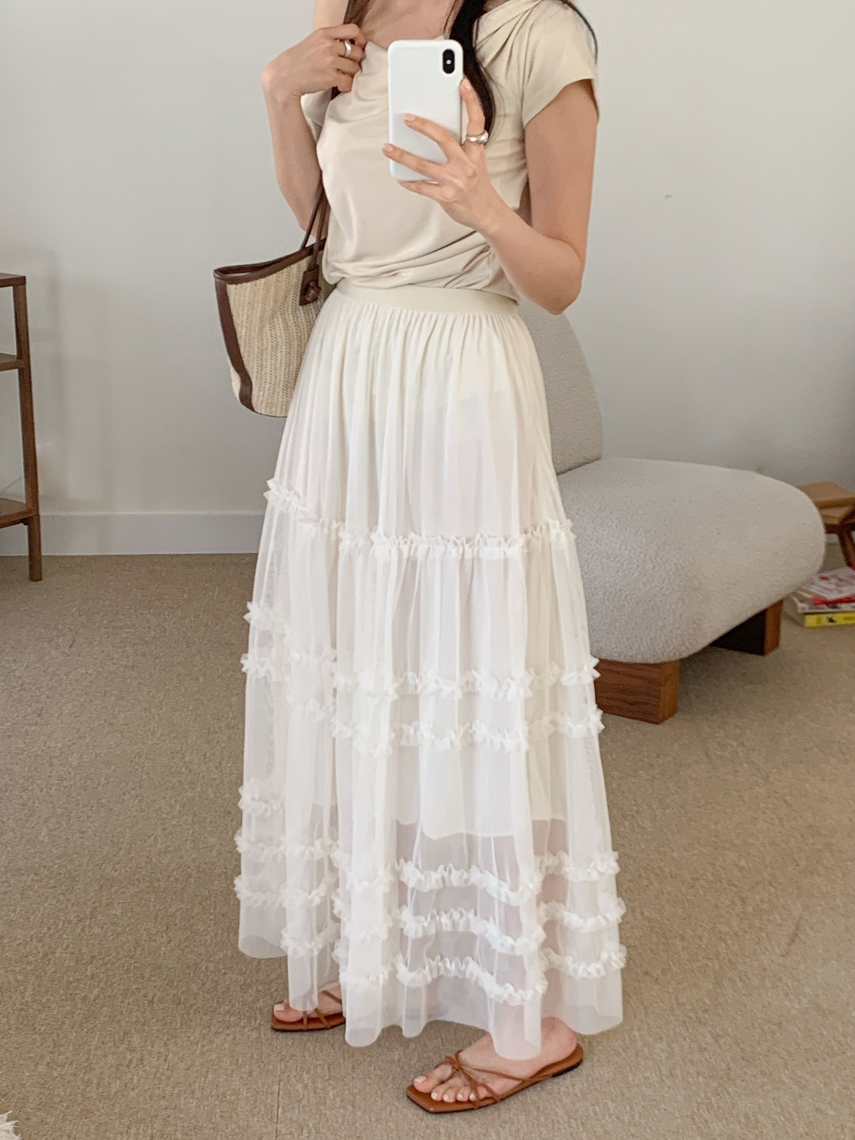 レースシースルーフリルティアードウエストゴムロングスカート | 詳細画像17