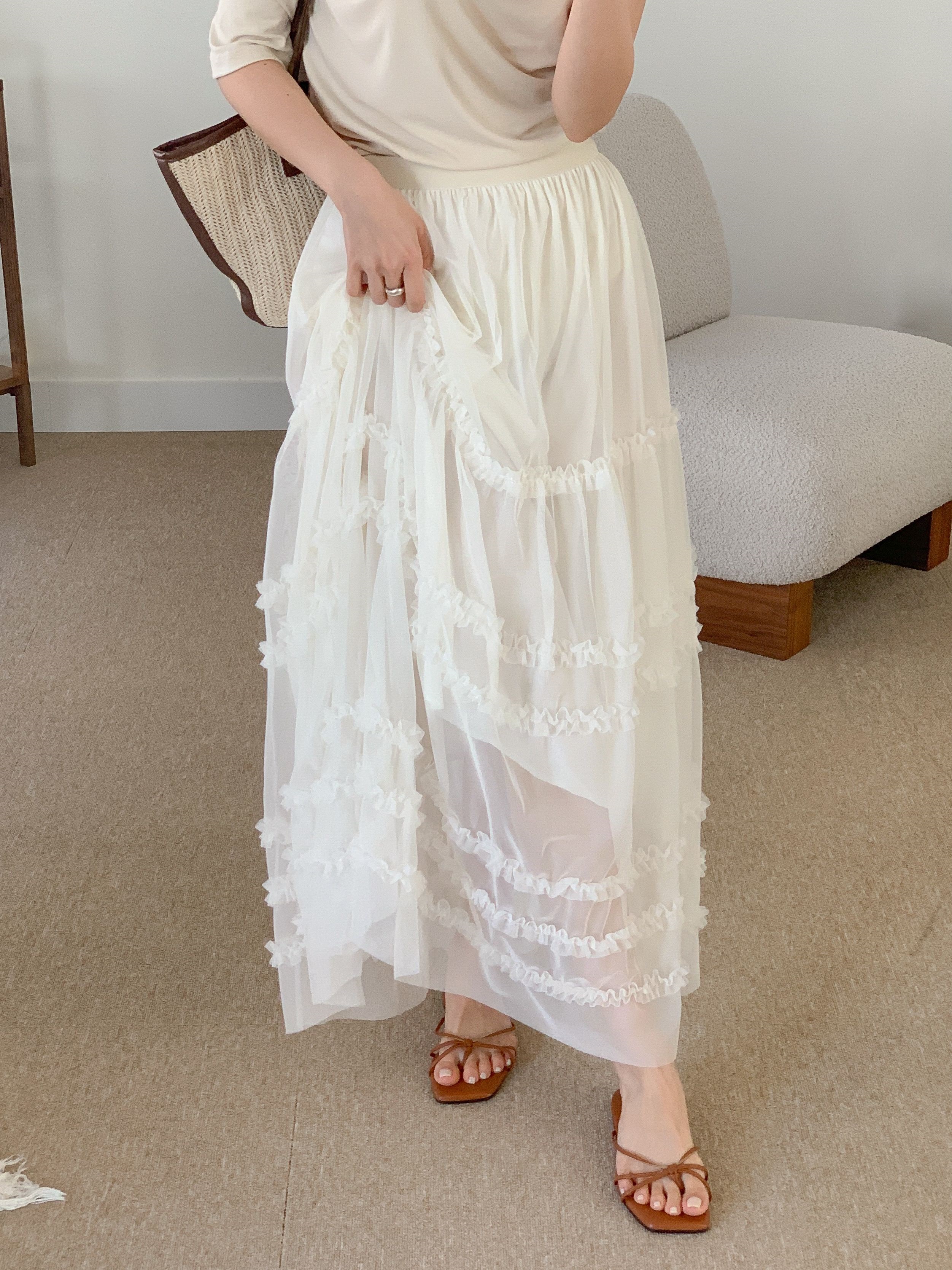 レースシースルーフリルティアードウエストゴムロングスカート | 詳細画像18