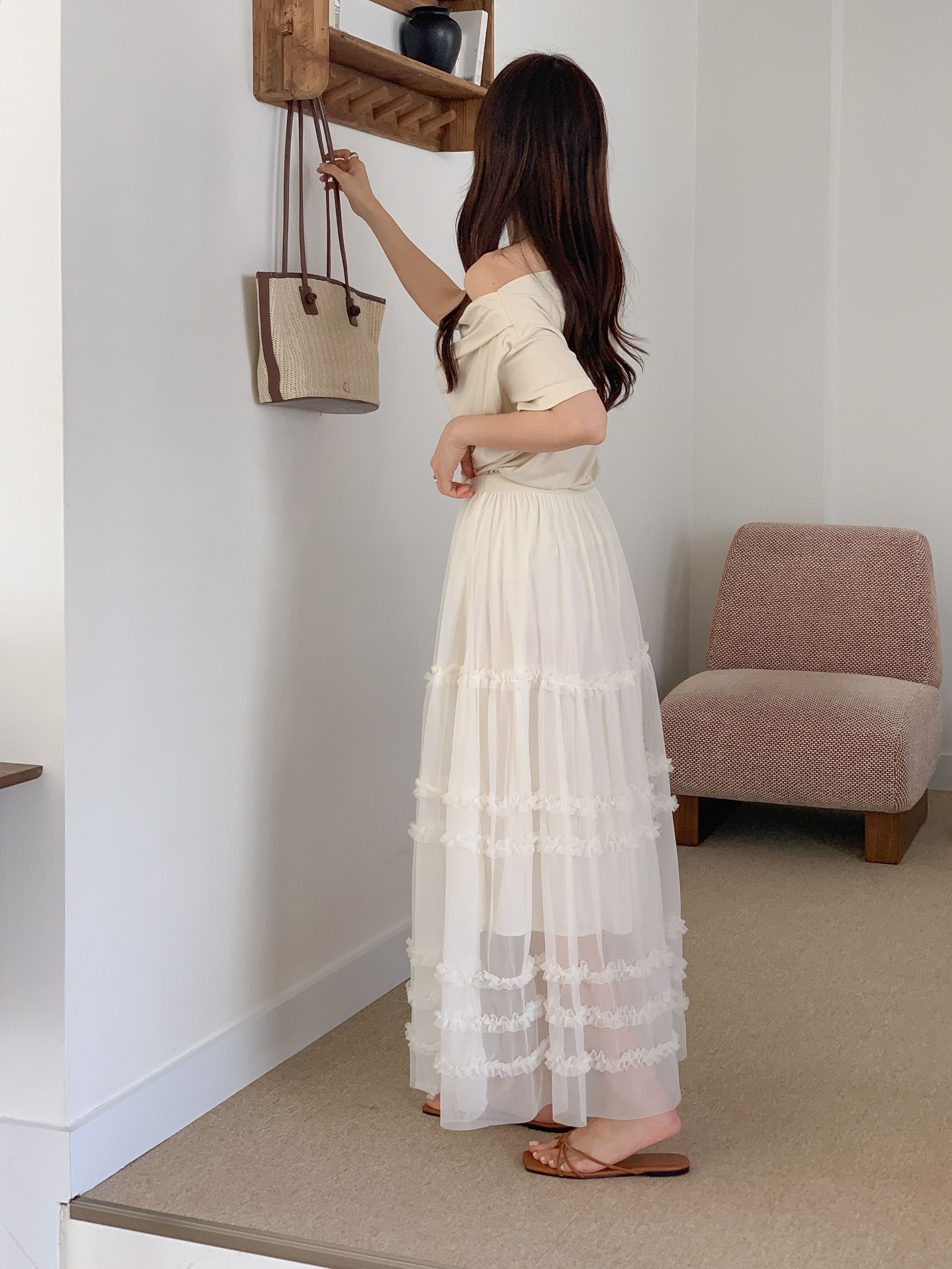 レースシースルーフリルティアードウエストゴムロングスカート | 詳細画像19