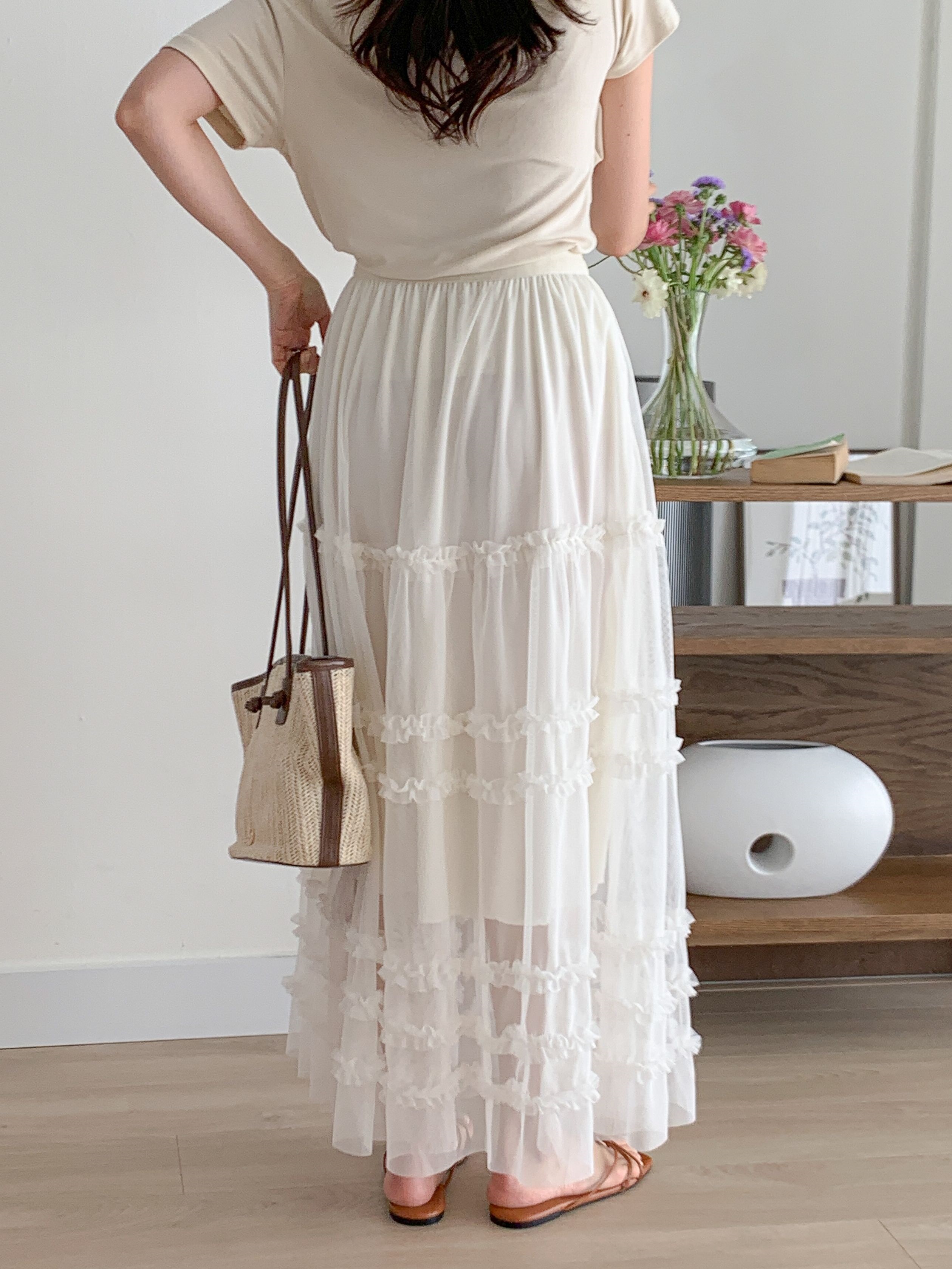 レースシースルーフリルティアードウエストゴムロングスカート | 詳細画像20