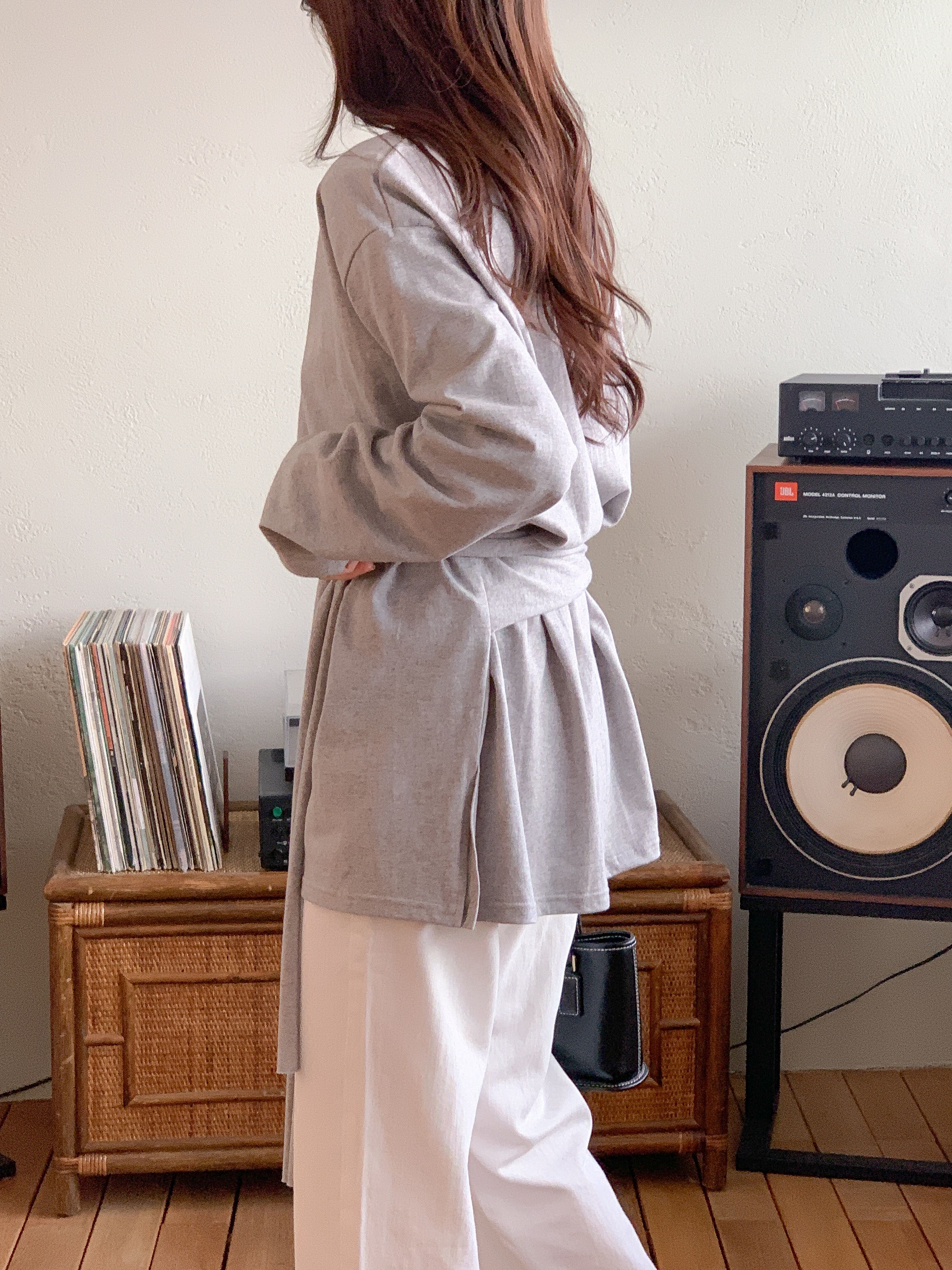 コットンストラップラウンドネックオーバーサイズボクシーロングルーズ長袖無地Tシャツ | 詳細画像6