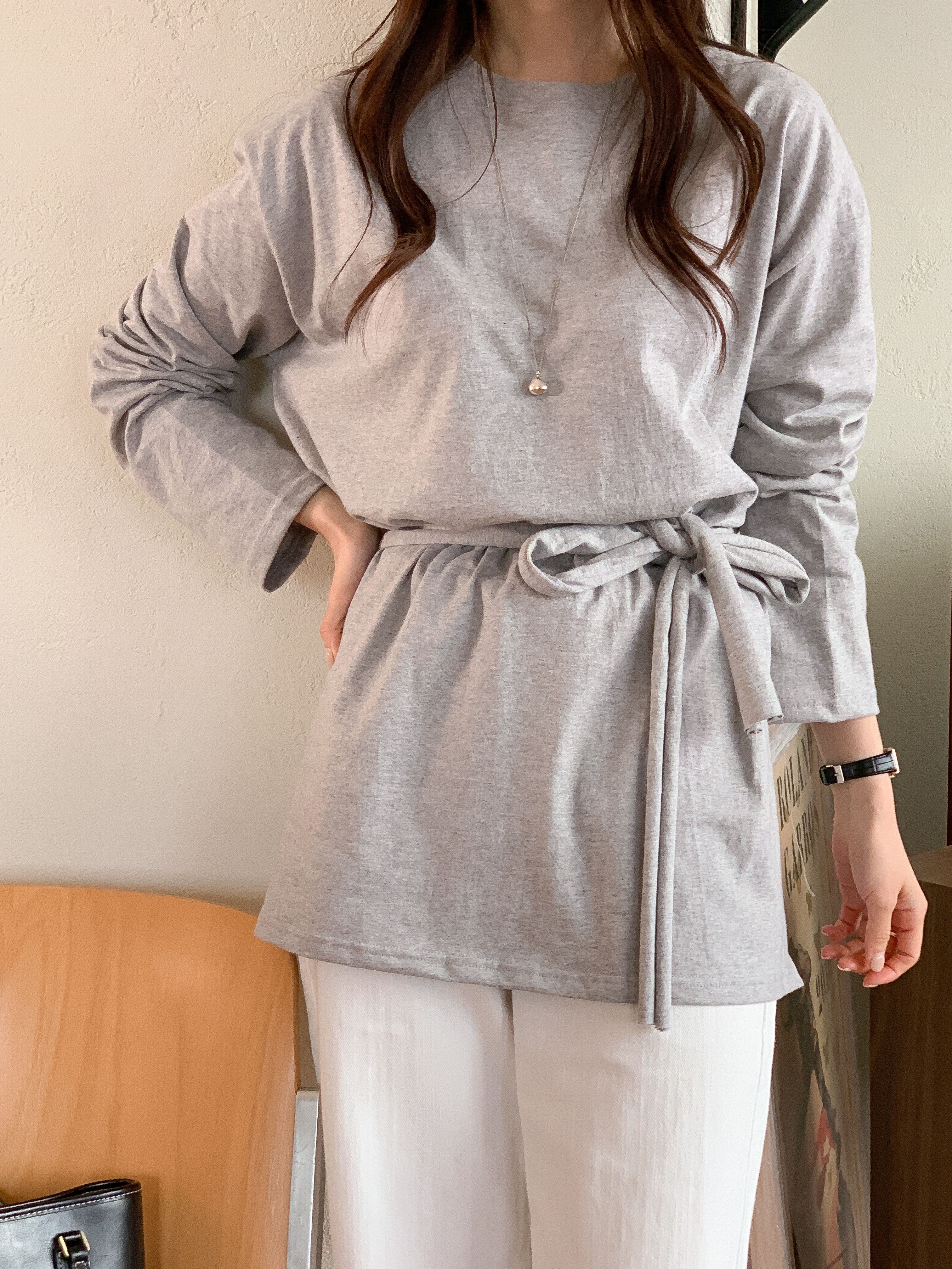 コットンストラップラウンドネックオーバーサイズボクシーロングルーズ長袖無地Tシャツ | 詳細画像9