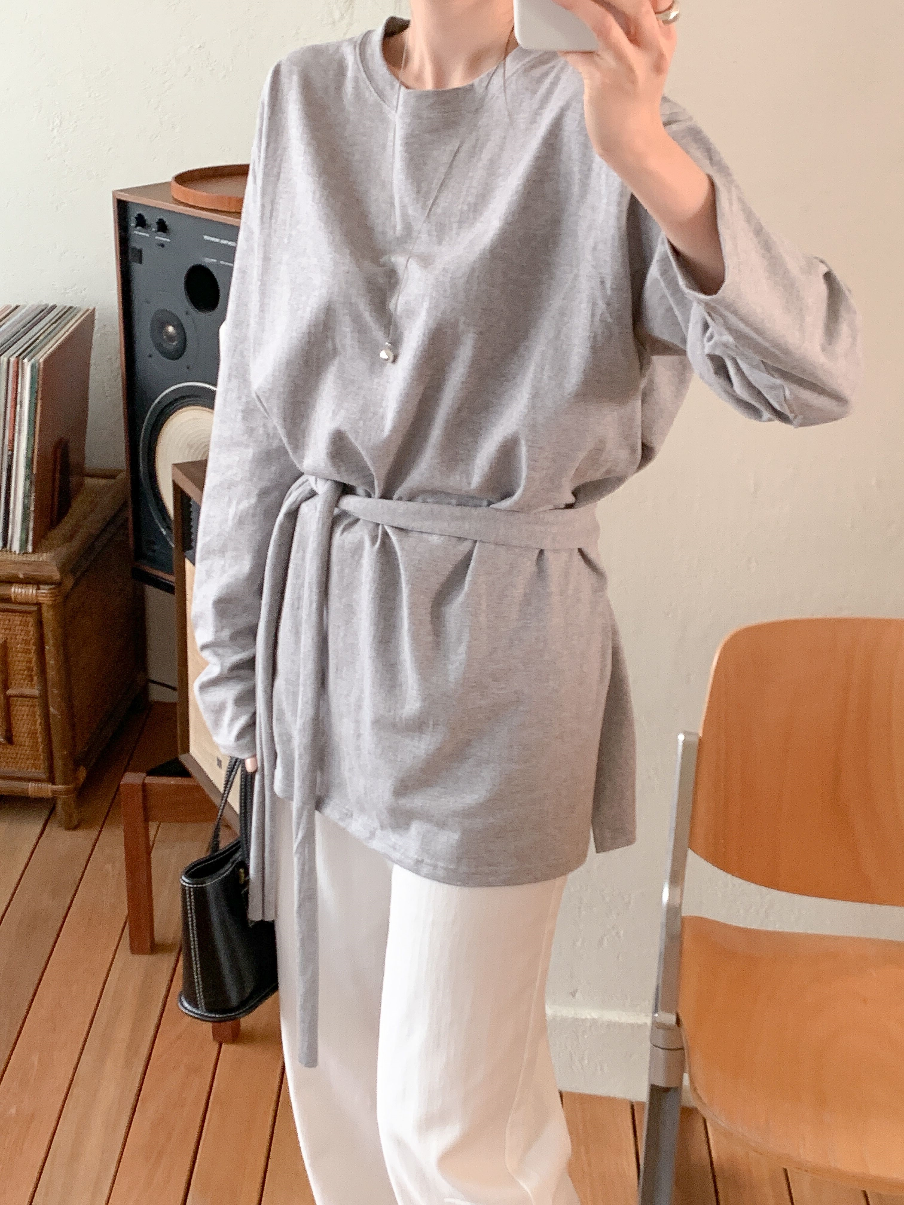 コットンストラップラウンドネックオーバーサイズボクシーロングルーズ長袖無地Tシャツ | 詳細画像14