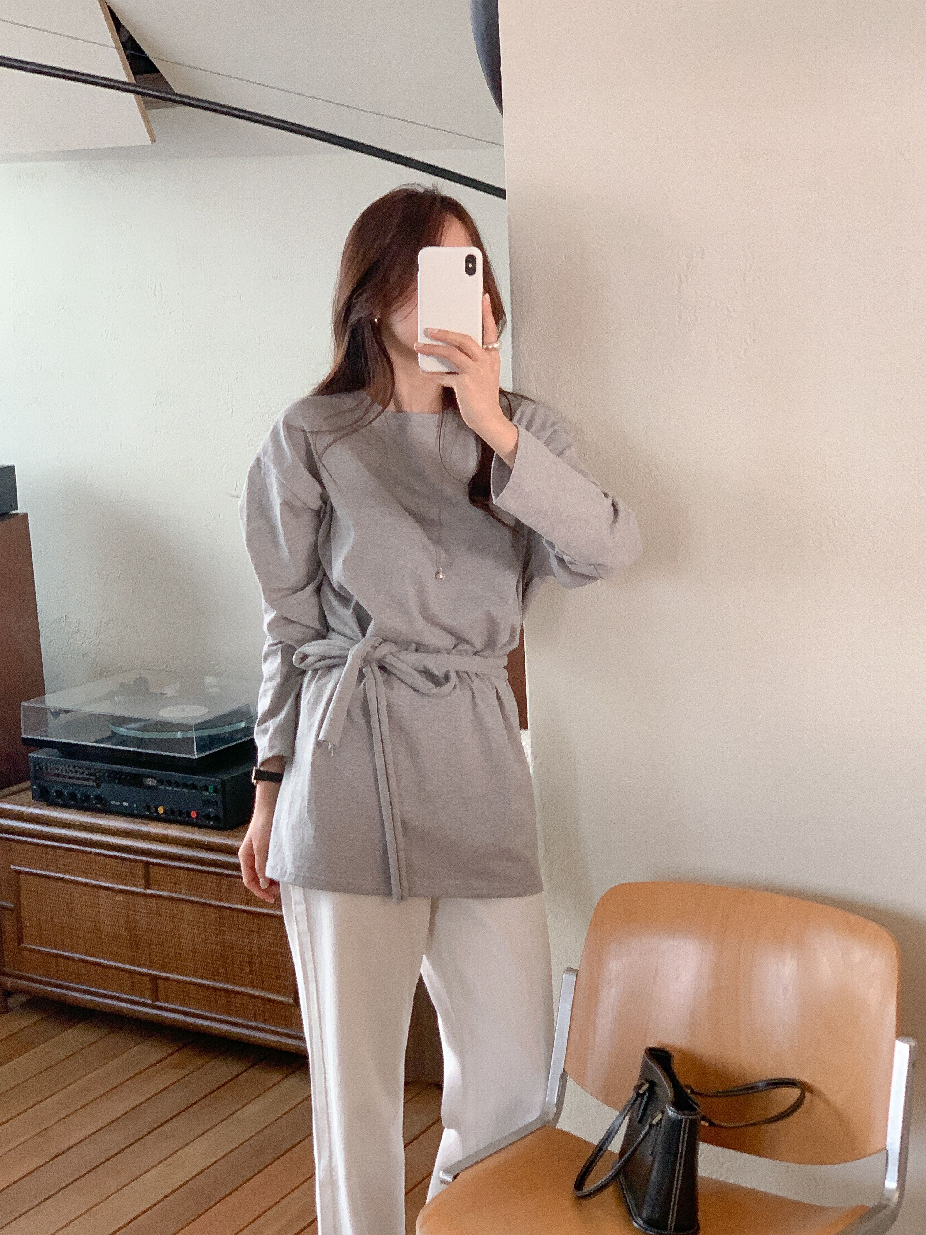 コットンストラップラウンドネックオーバーサイズボクシーロングルーズ長袖無地Tシャツ | 詳細画像18