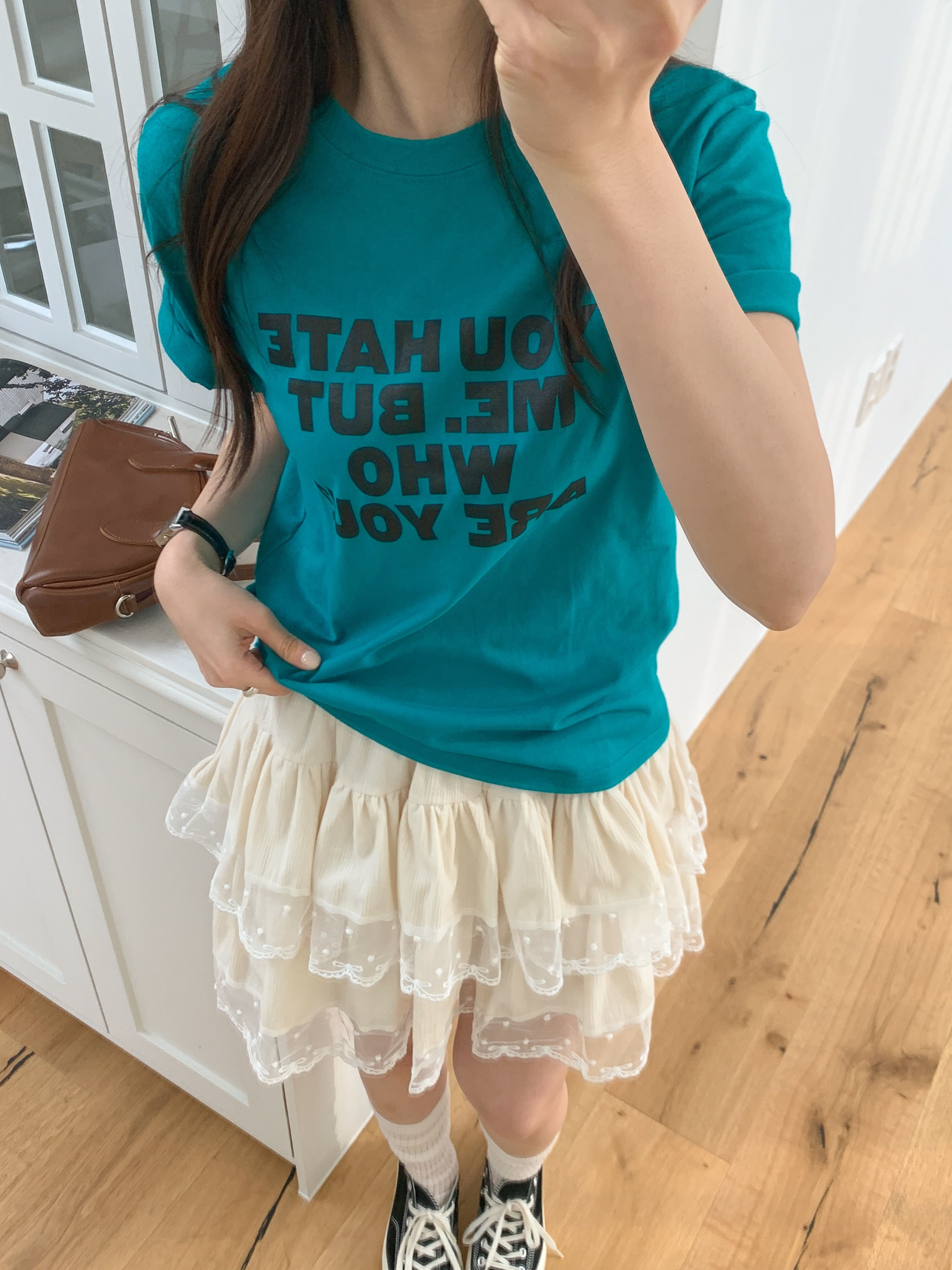 コットンラウンドネックベーシック半袖レタリングTシャツ | 詳細画像2