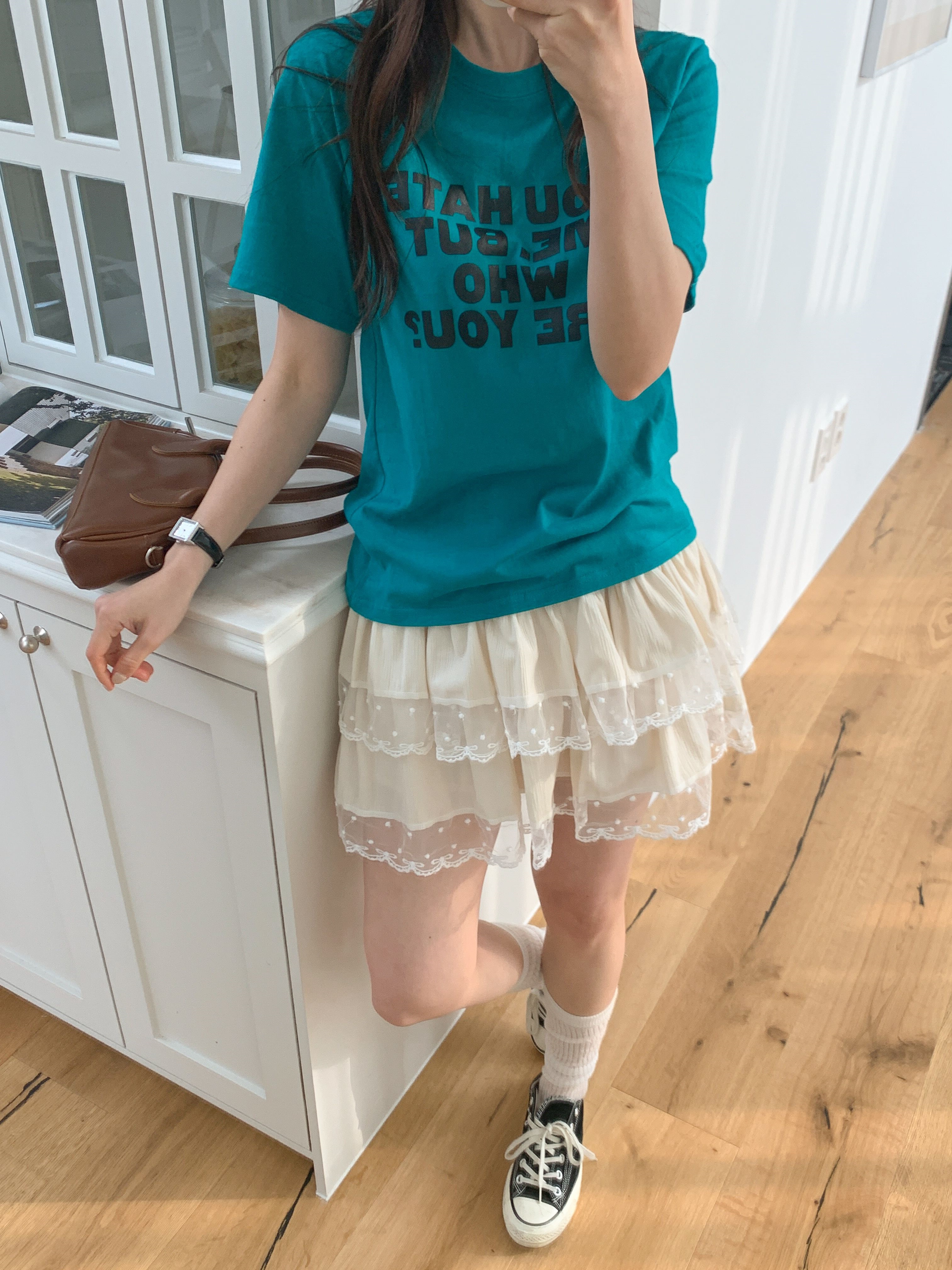 コットンラウンドネックベーシック半袖レタリングTシャツ | 詳細画像4