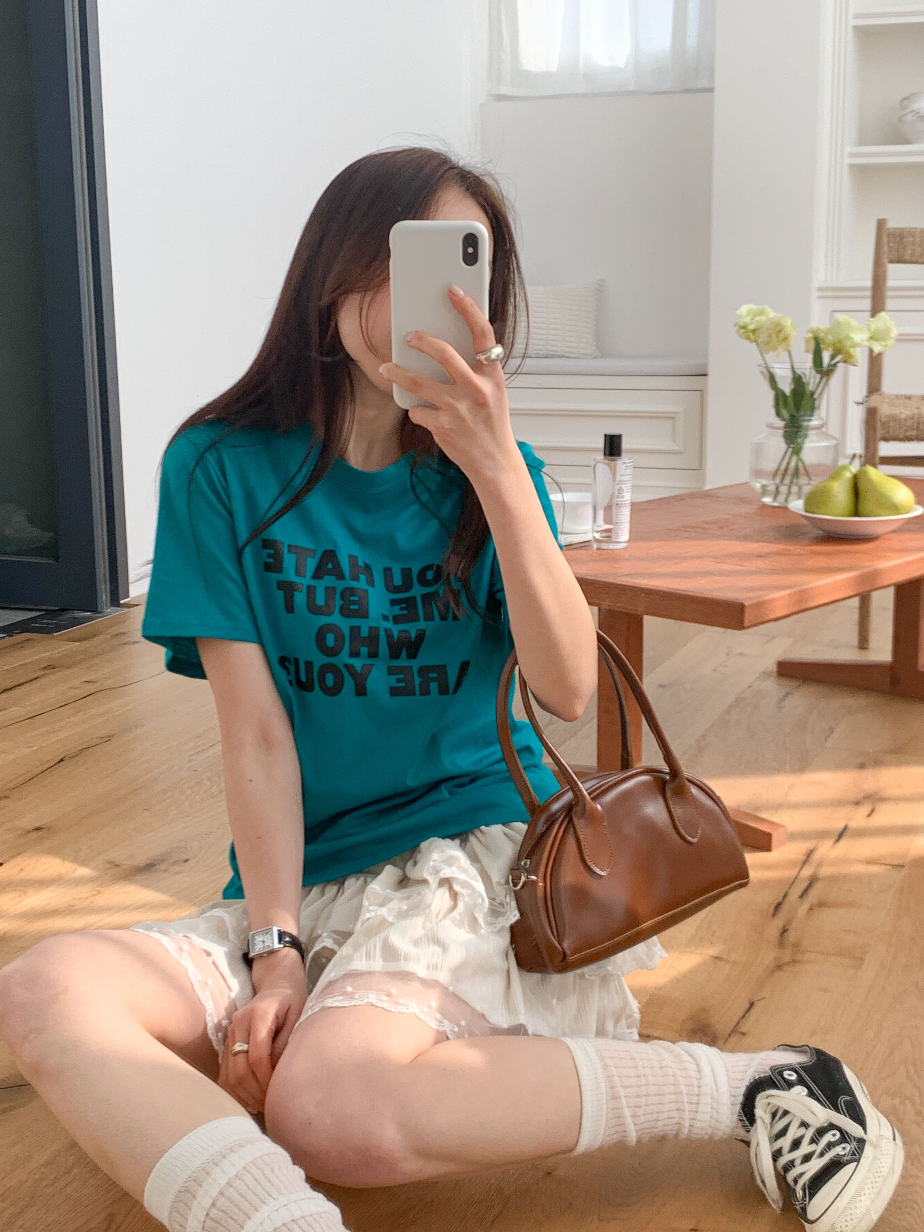 コットンラウンドネックベーシック半袖レタリングTシャツ | 詳細画像7