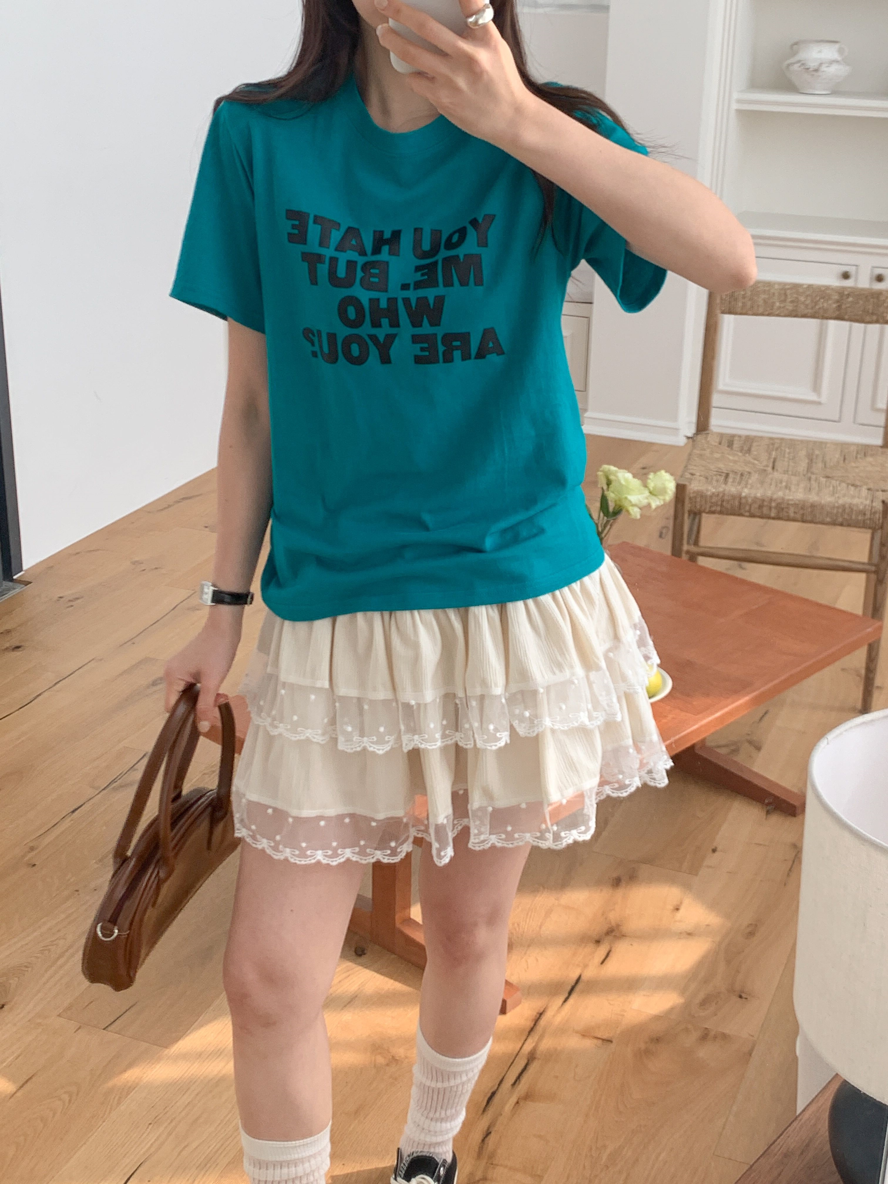 コットンラウンドネックベーシック半袖レタリングTシャツ | 詳細画像11