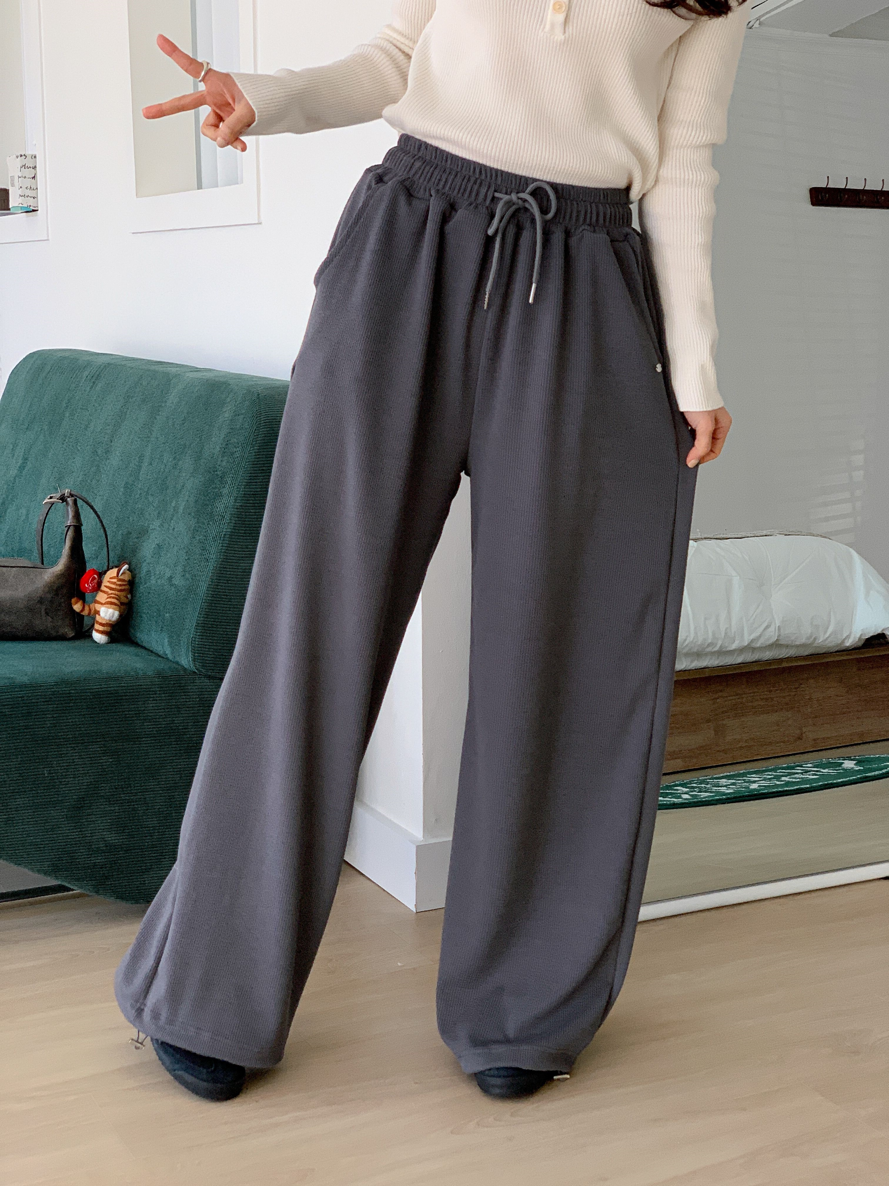 ドローストリングポケットウエストゴムドローコードロングワイドペンダント無地パンツ | 詳細画像2