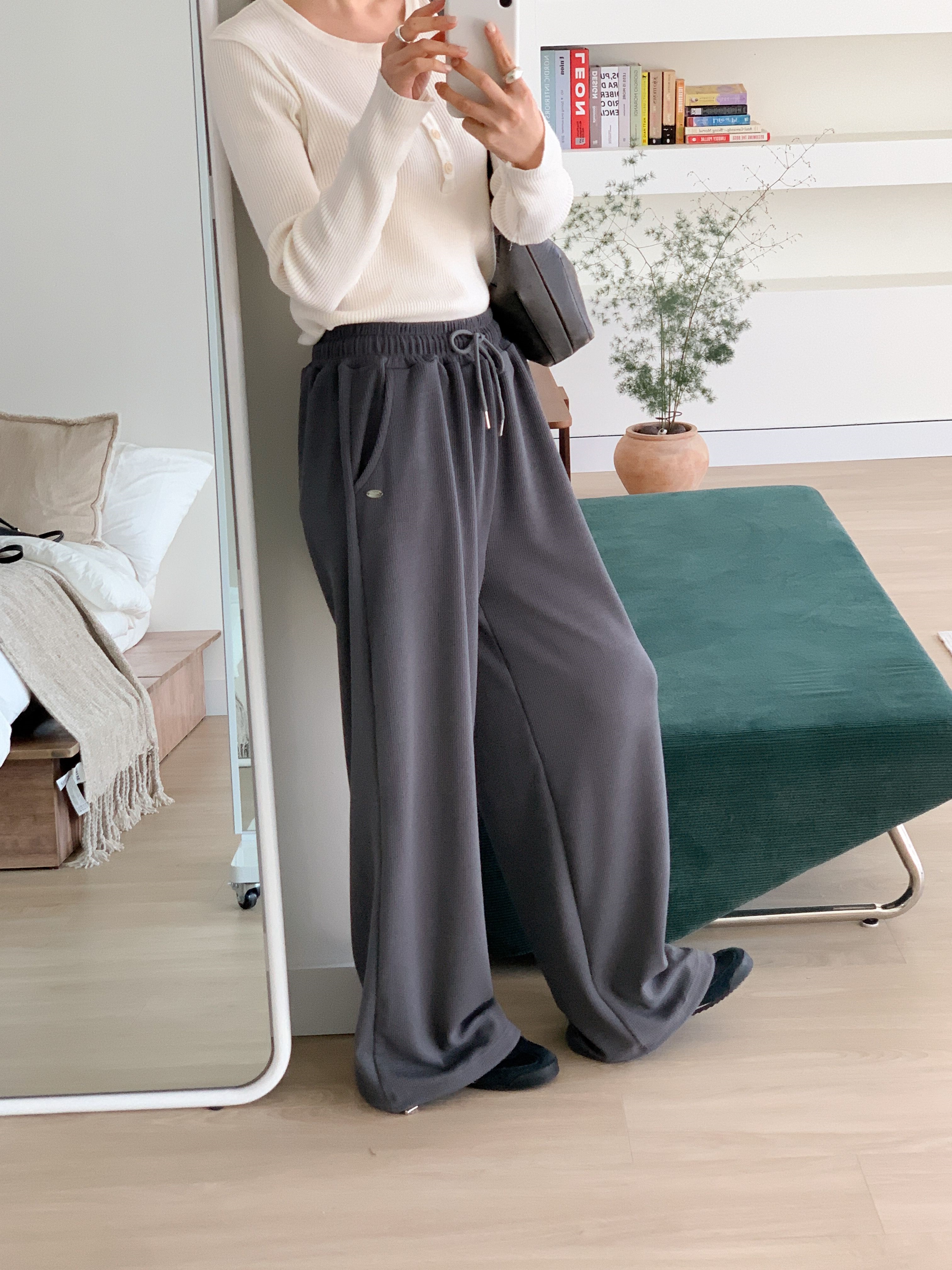 ドローストリングポケットウエストゴムドローコードロングワイドペンダント無地パンツ | 詳細画像4