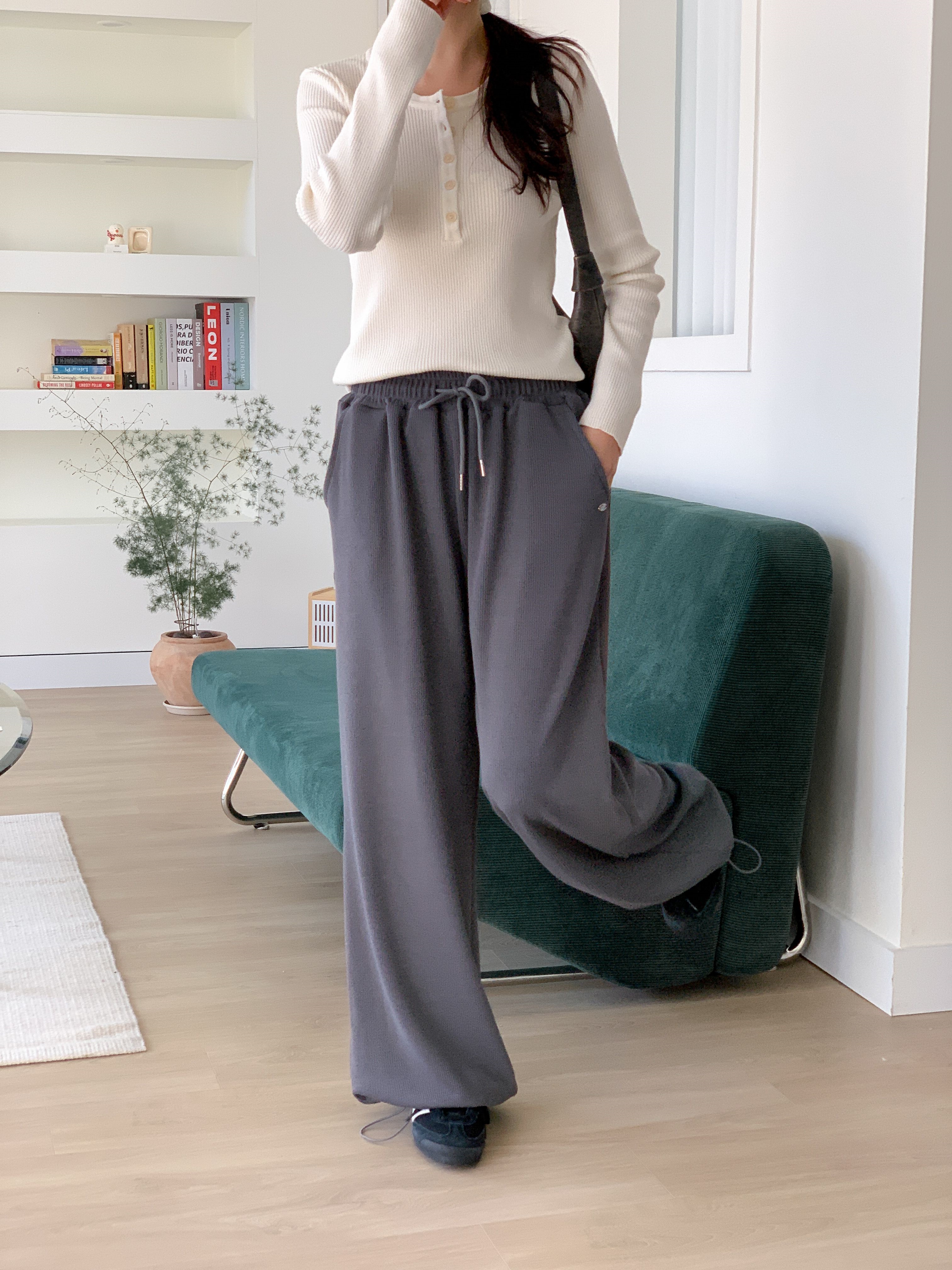 ドローストリングポケットウエストゴムドローコードロングワイドペンダント無地パンツ | 詳細画像5