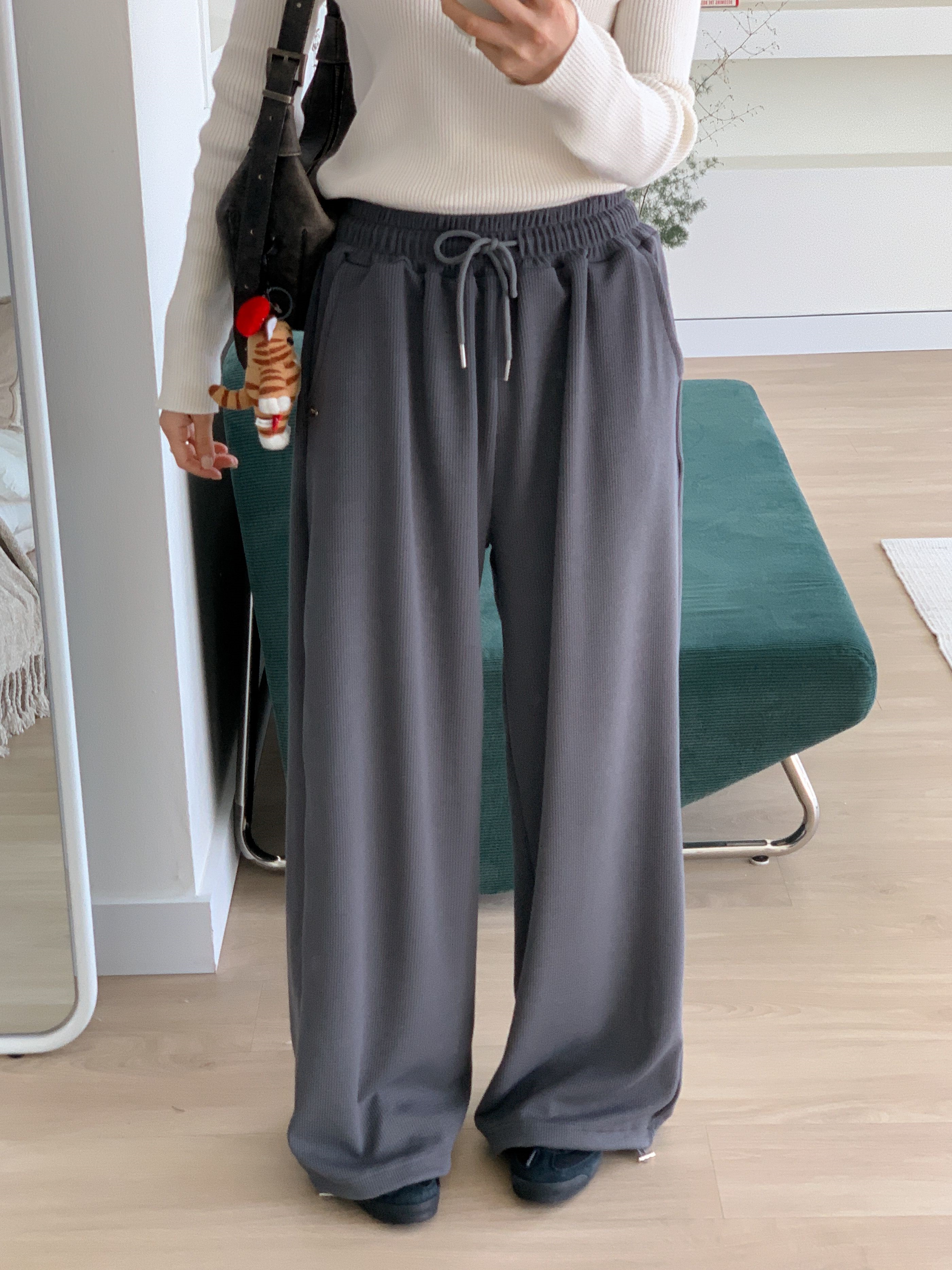 ドローストリングポケットウエストゴムドローコードロングワイドペンダント無地パンツ | 詳細画像6