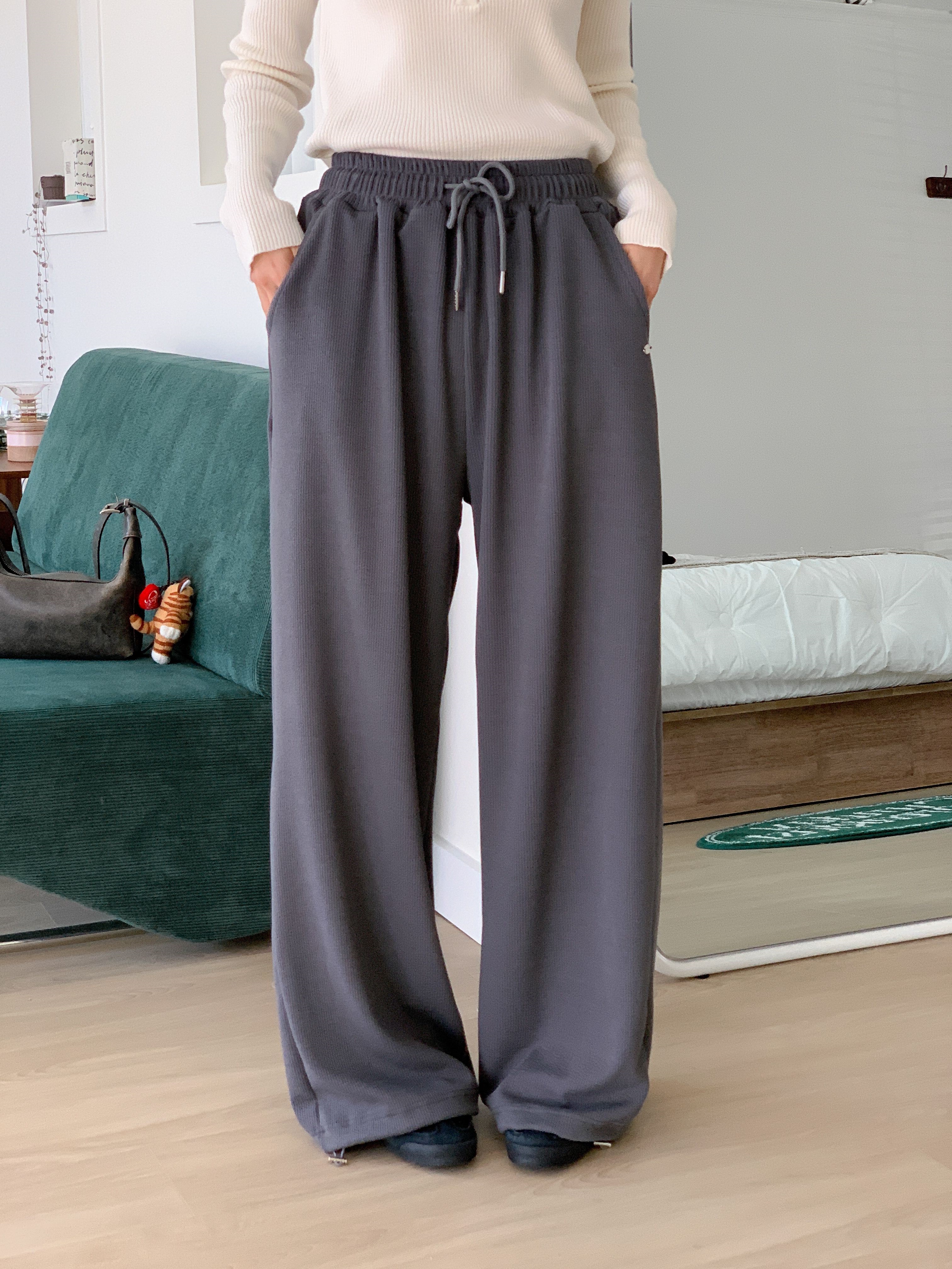 ドローストリングポケットウエストゴムドローコードロングワイドペンダント無地パンツ | 詳細画像7