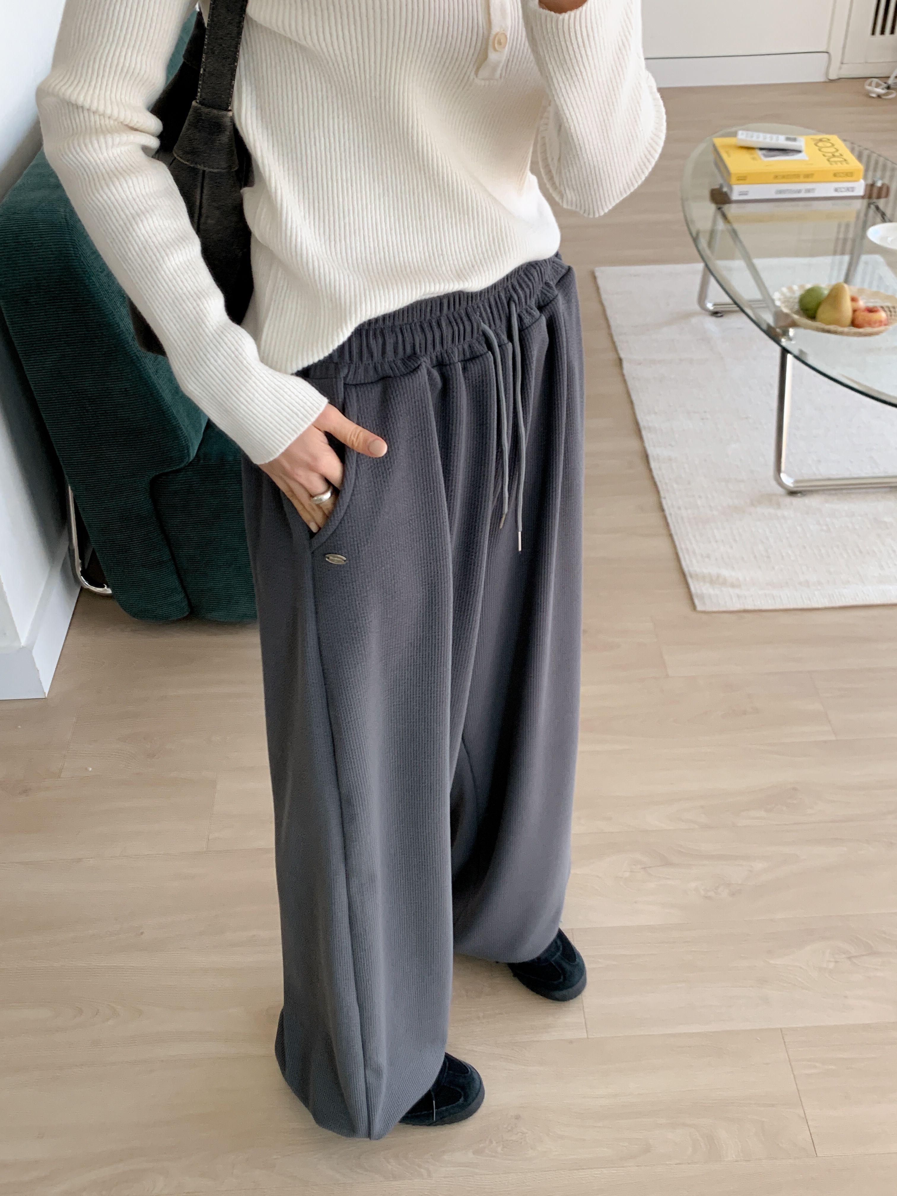 ドローストリングポケットウエストゴムドローコードロングワイドペンダント無地パンツ | 詳細画像14