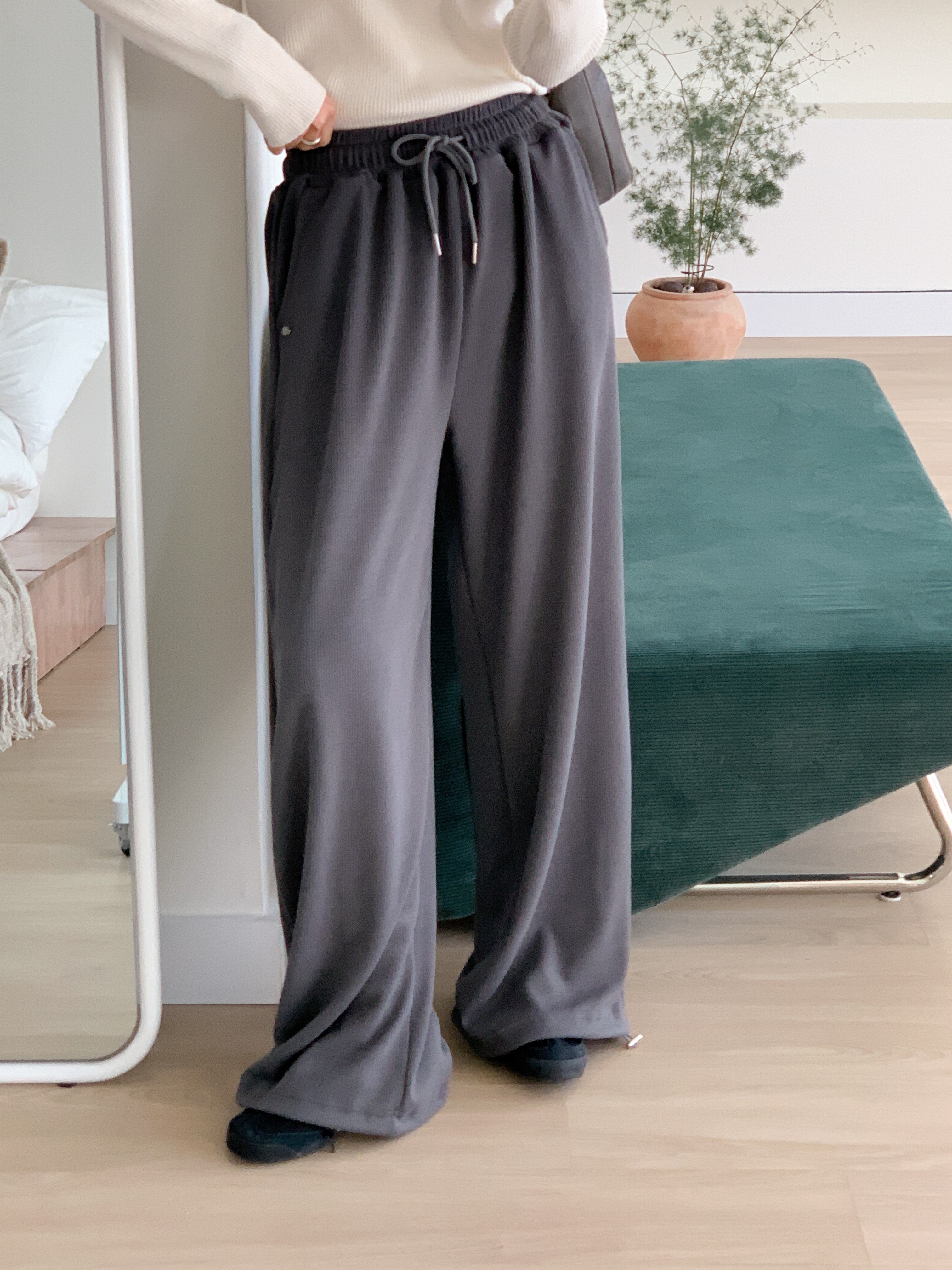 ドローストリングポケットウエストゴムドローコードロングワイドペンダント無地パンツ | 詳細画像15