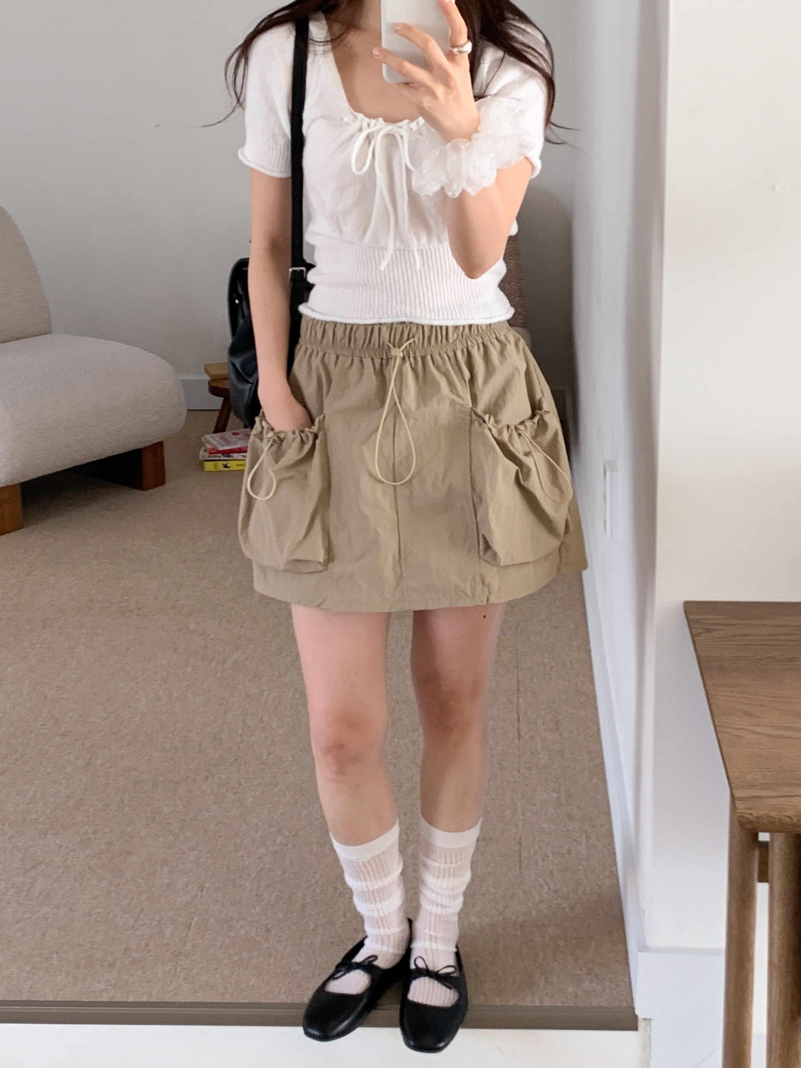 シャーリングラインウエストゴムドローコードアウトポケットミニ無地スカート | 詳細画像5