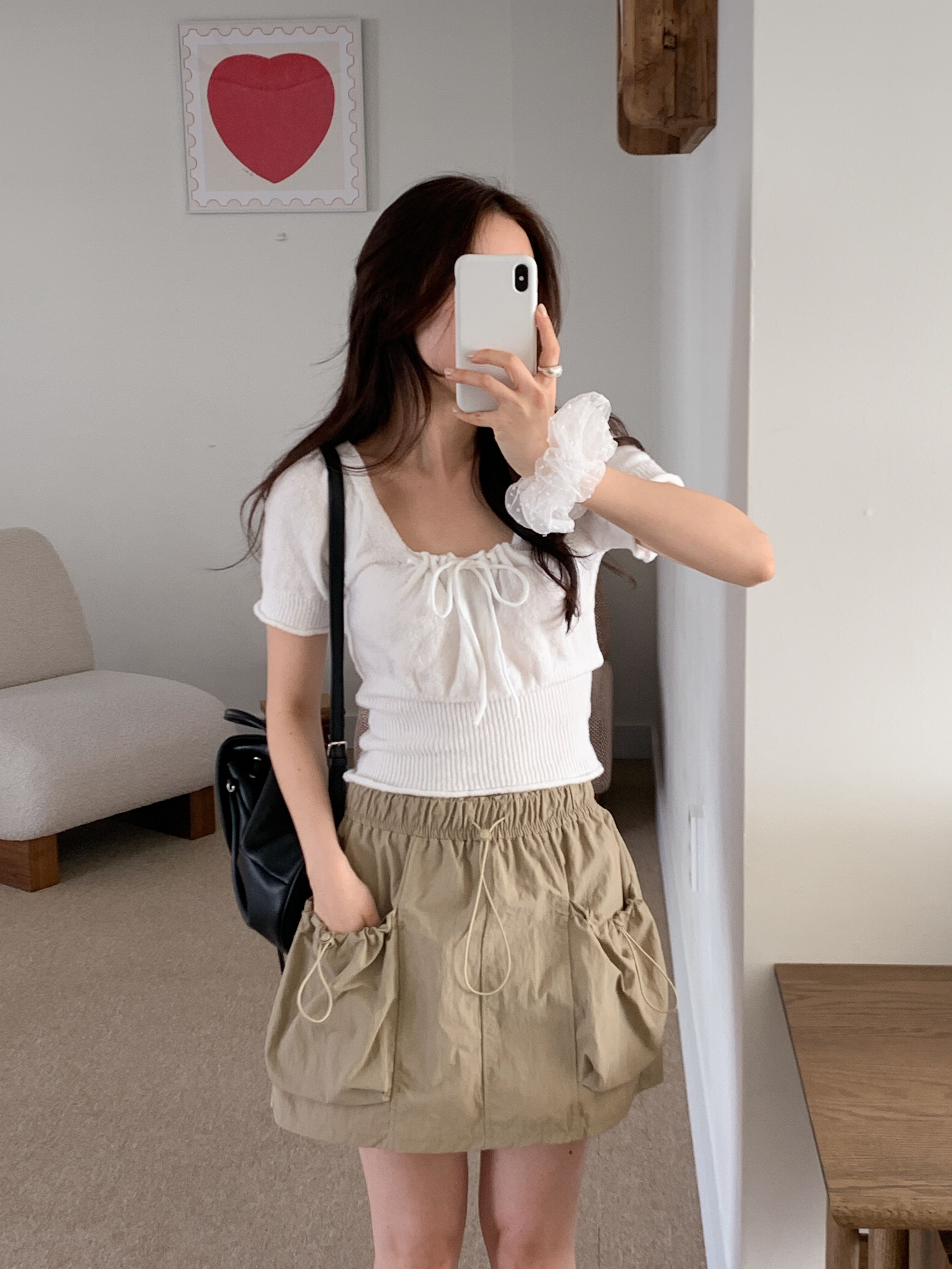 シャーリングラインウエストゴムドローコードアウトポケットミニ無地スカート | 詳細画像6