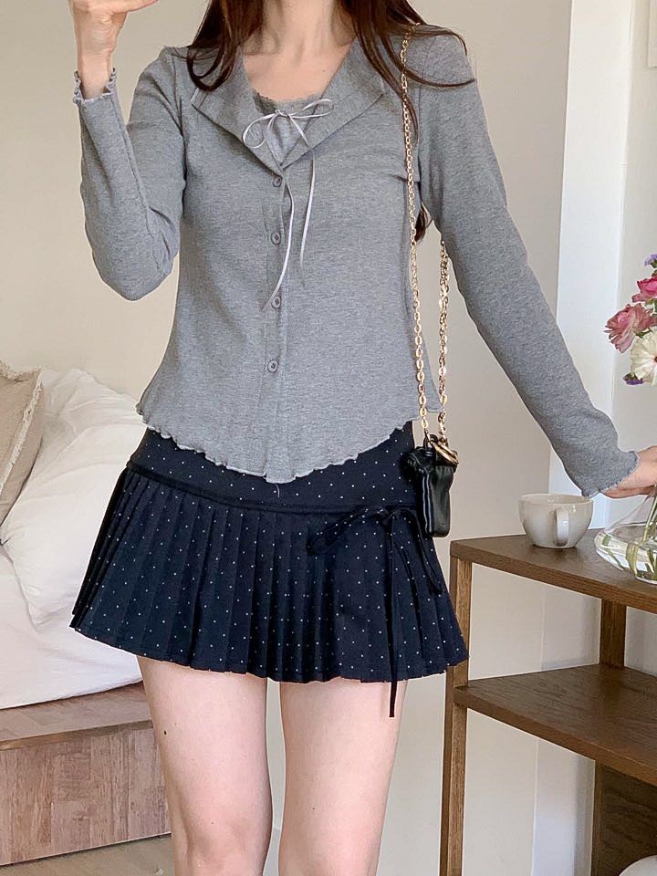 リブレースコンビリボンボタンカラーメロウレイヤード風長袖セミクロップド無地Tシャツ | 詳細画像5