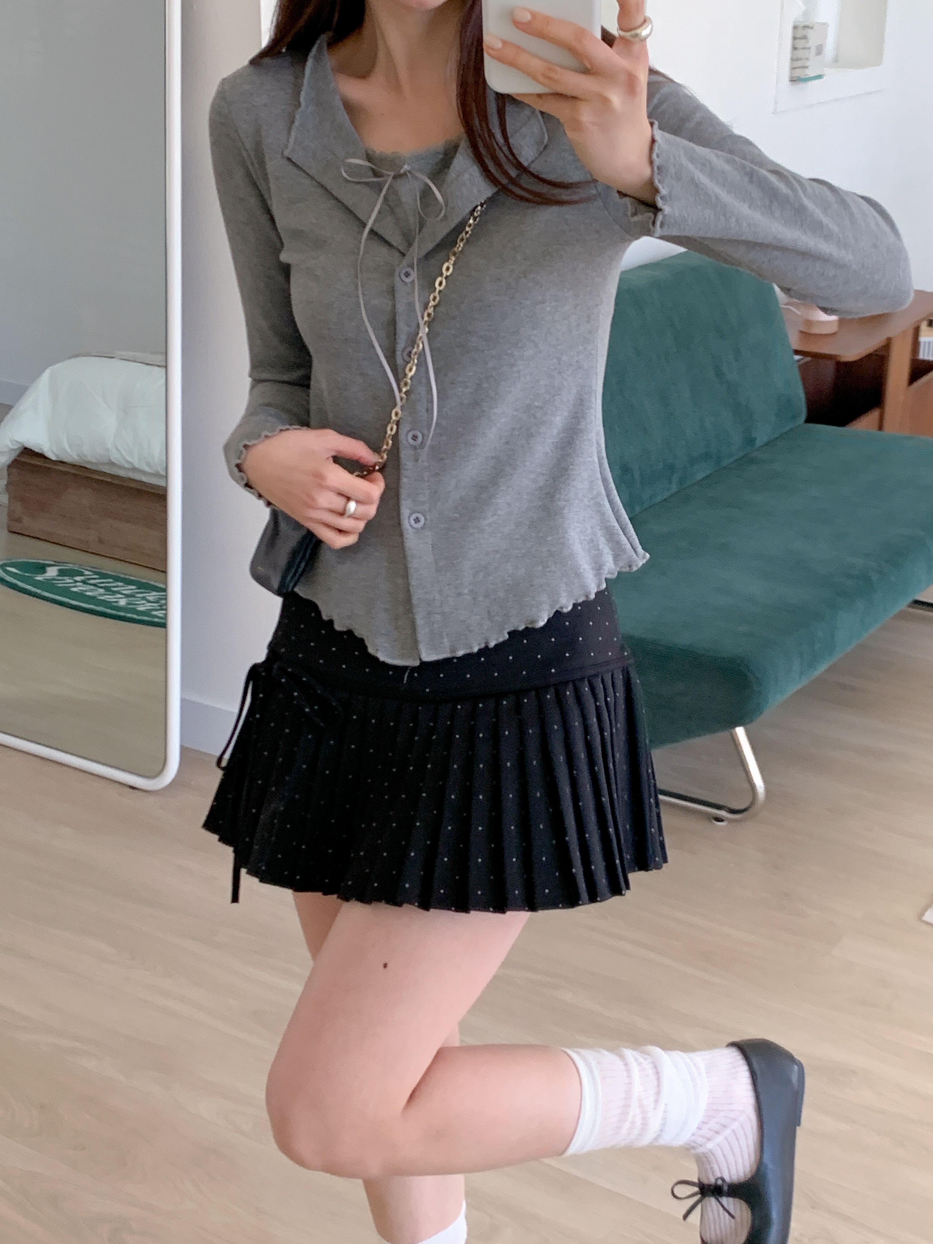 リブレースコンビリボンボタンカラーメロウレイヤード風長袖セミクロップド無地Tシャツ | 詳細画像8