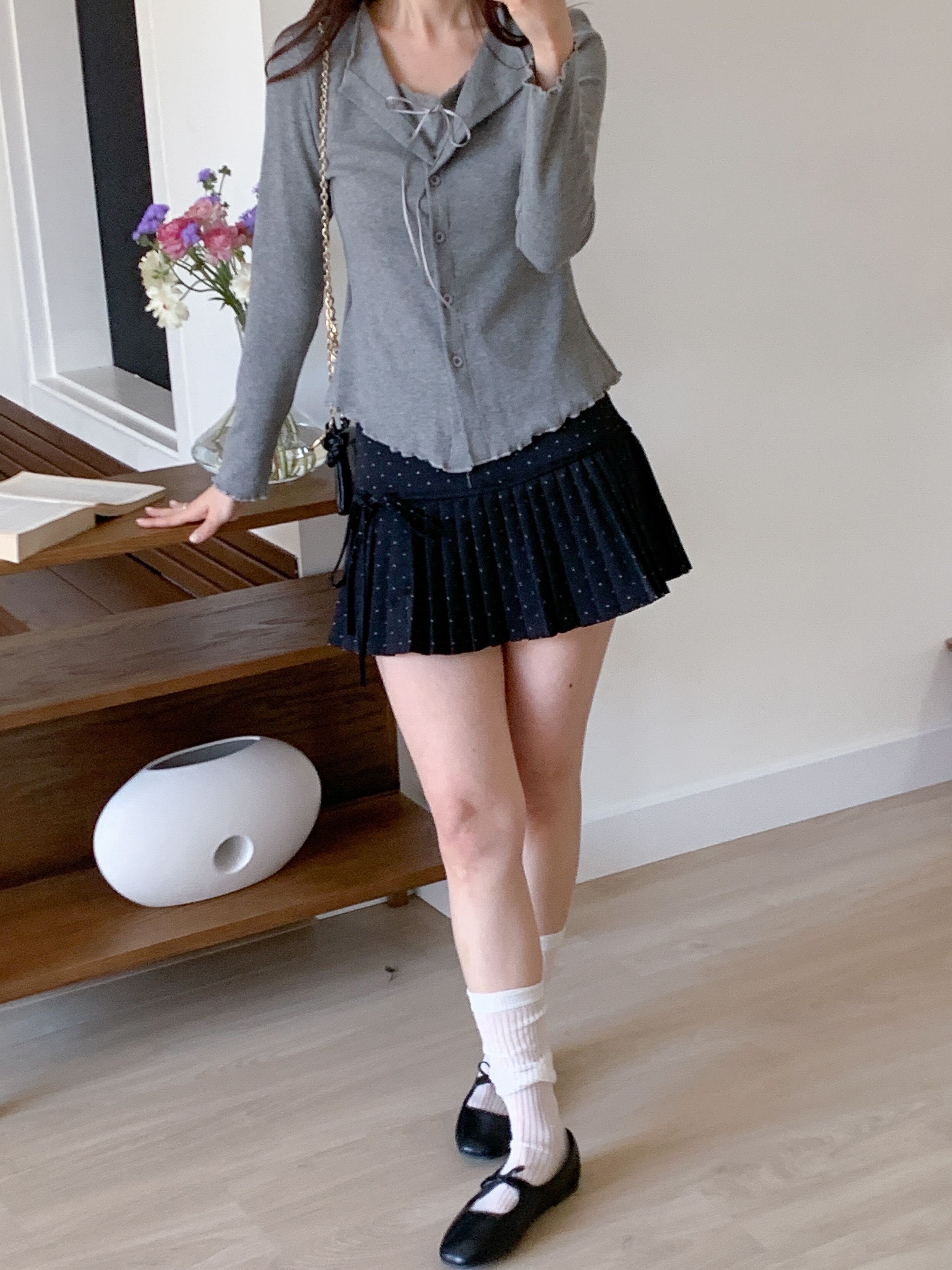 リブレースコンビリボンボタンカラーメロウレイヤード風長袖セミクロップド無地Tシャツ | 詳細画像11