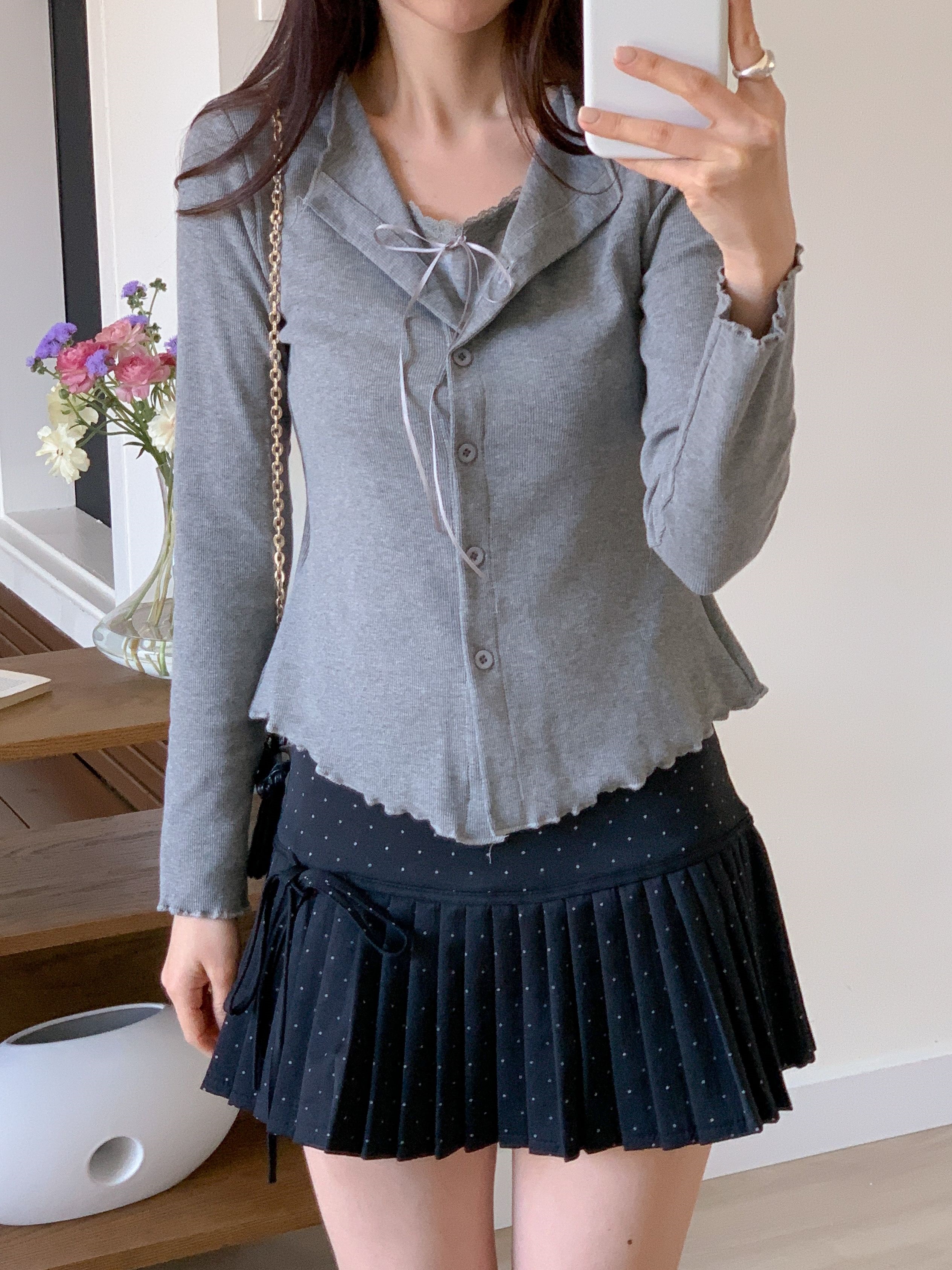 リブレースコンビリボンボタンカラーメロウレイヤード風長袖セミクロップド無地Tシャツ | 詳細画像12