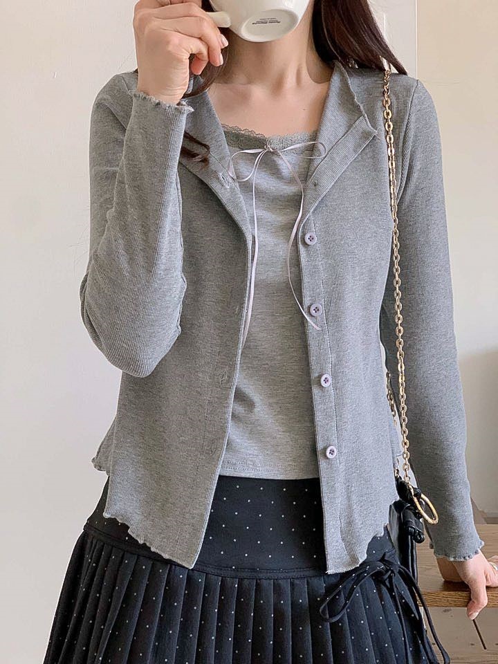 リブレースコンビリボンボタンカラーメロウレイヤード風長袖セミクロップド無地Tシャツ | 詳細画像15