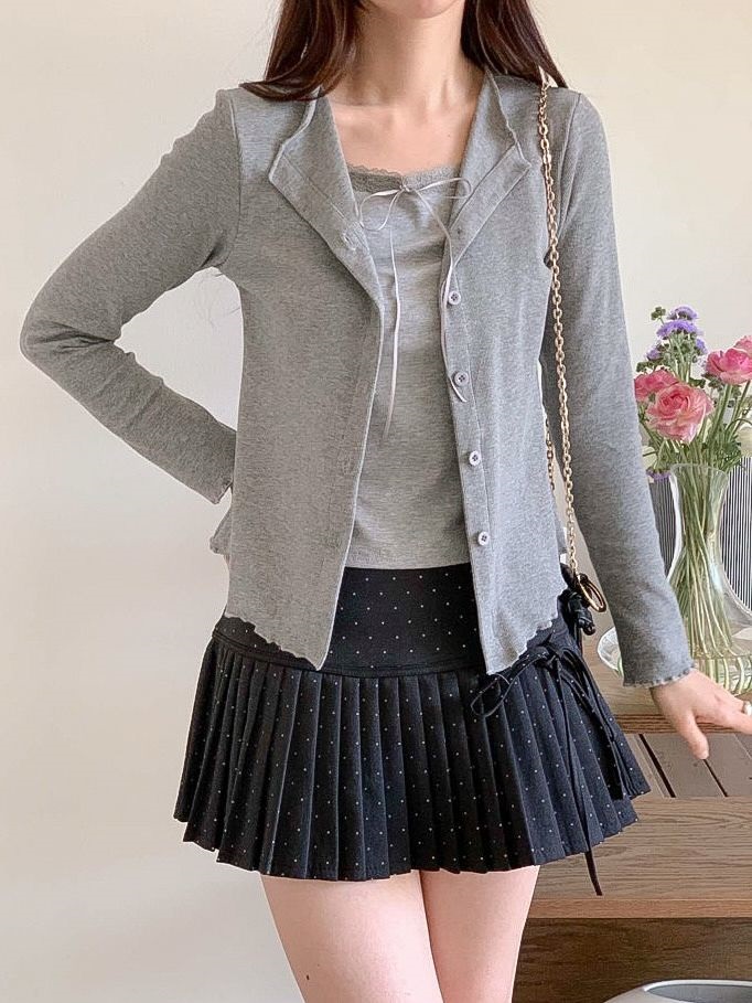 リブレースコンビリボンボタンカラーメロウレイヤード風長袖セミクロップド無地Tシャツ | 詳細画像17