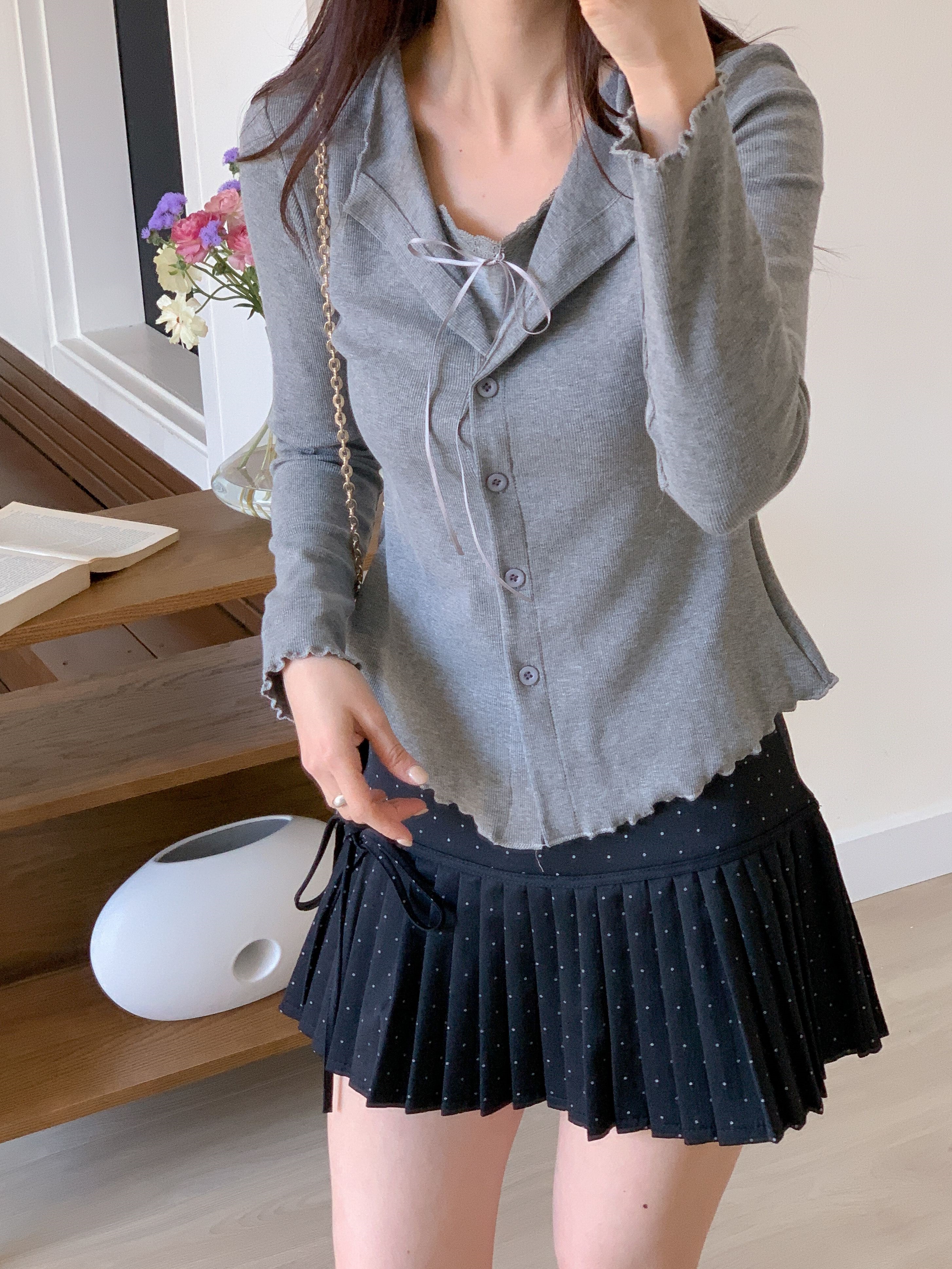 リブレースコンビリボンボタンカラーメロウレイヤード風長袖セミクロップド無地Tシャツ | 詳細画像19