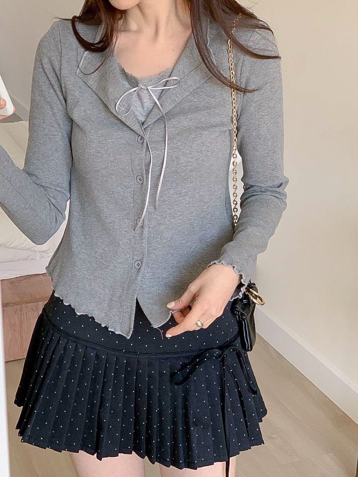 リブレースコンビリボンボタンカラーメロウレイヤード風長袖セミクロップド無地Tシャツ | 詳細画像20