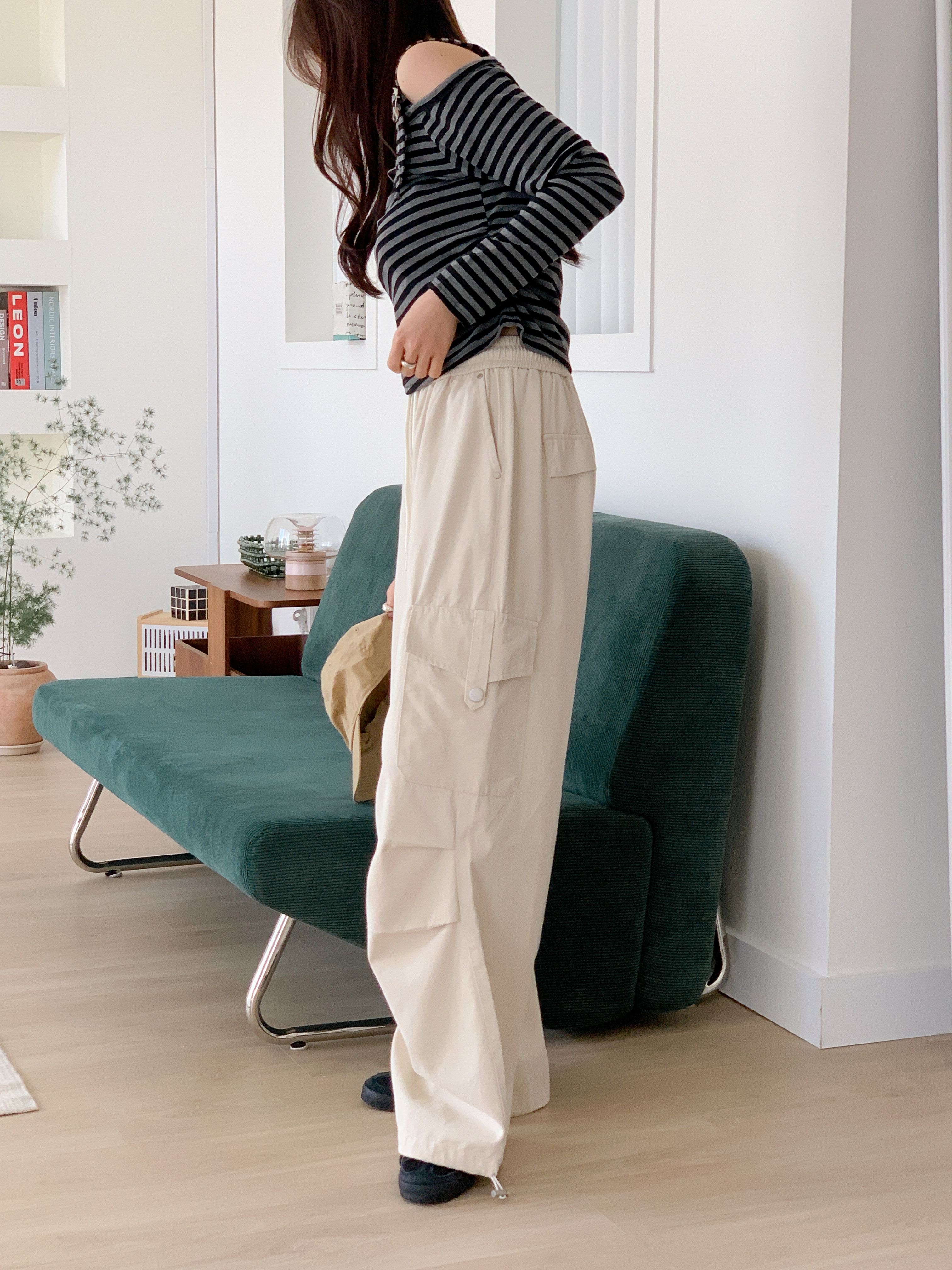 ワンショルダーアンバランスネックバックルシャーリングルーズ長袖ボーダーTシャツ | 詳細画像9