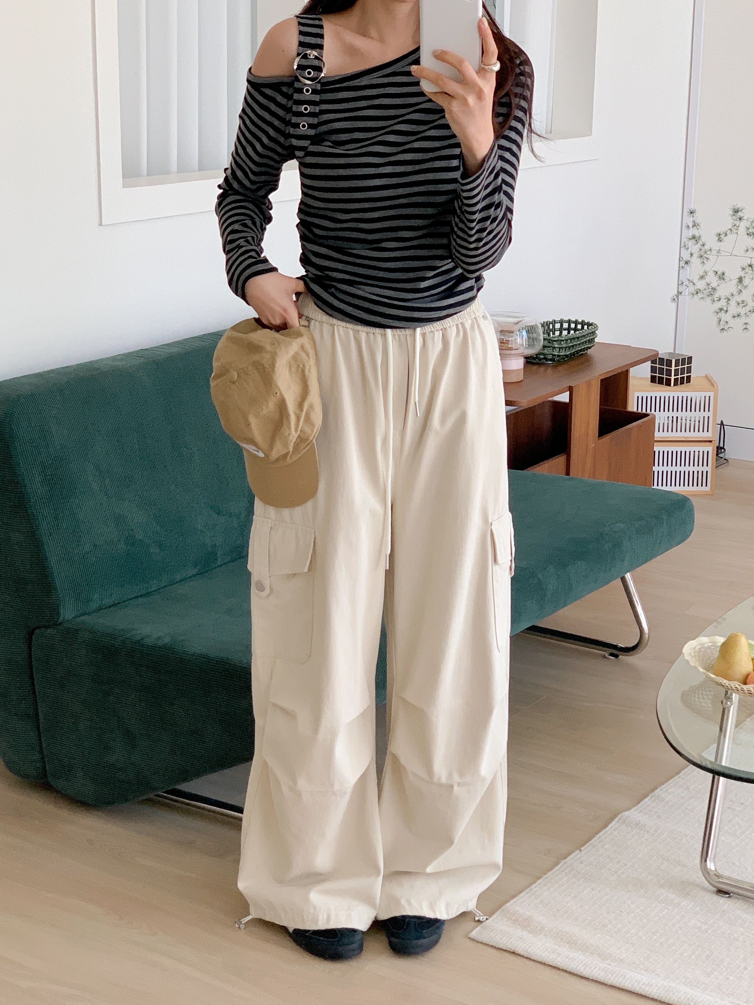 ワンショルダーアンバランスネックバックルシャーリングルーズ長袖ボーダーTシャツ | 詳細画像11