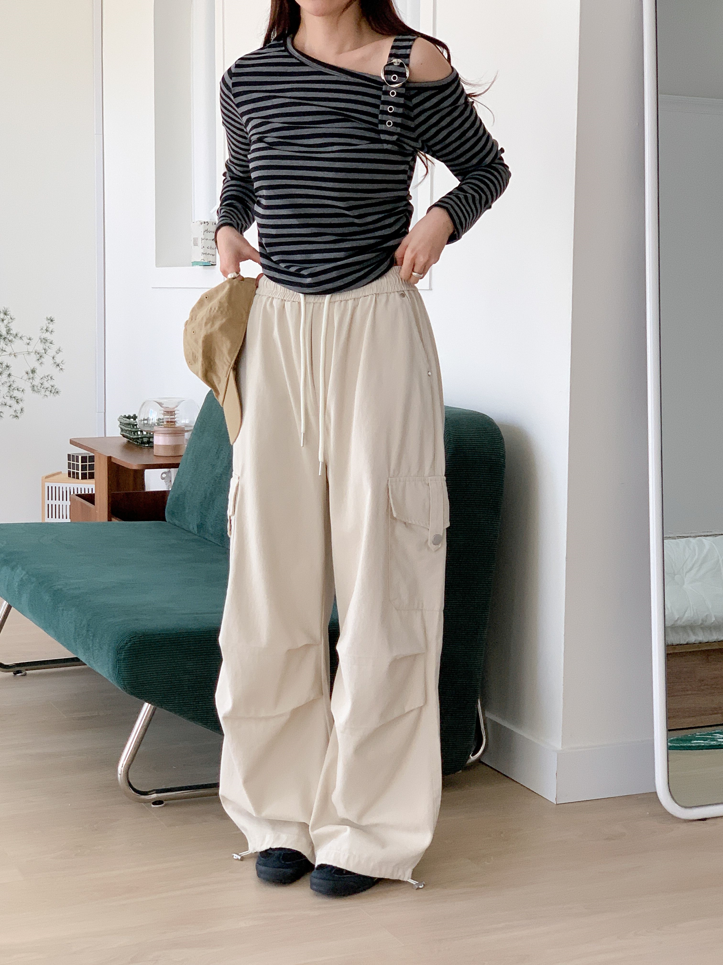 ワンショルダーアンバランスネックバックルシャーリングルーズ長袖ボーダーTシャツ | 詳細画像14