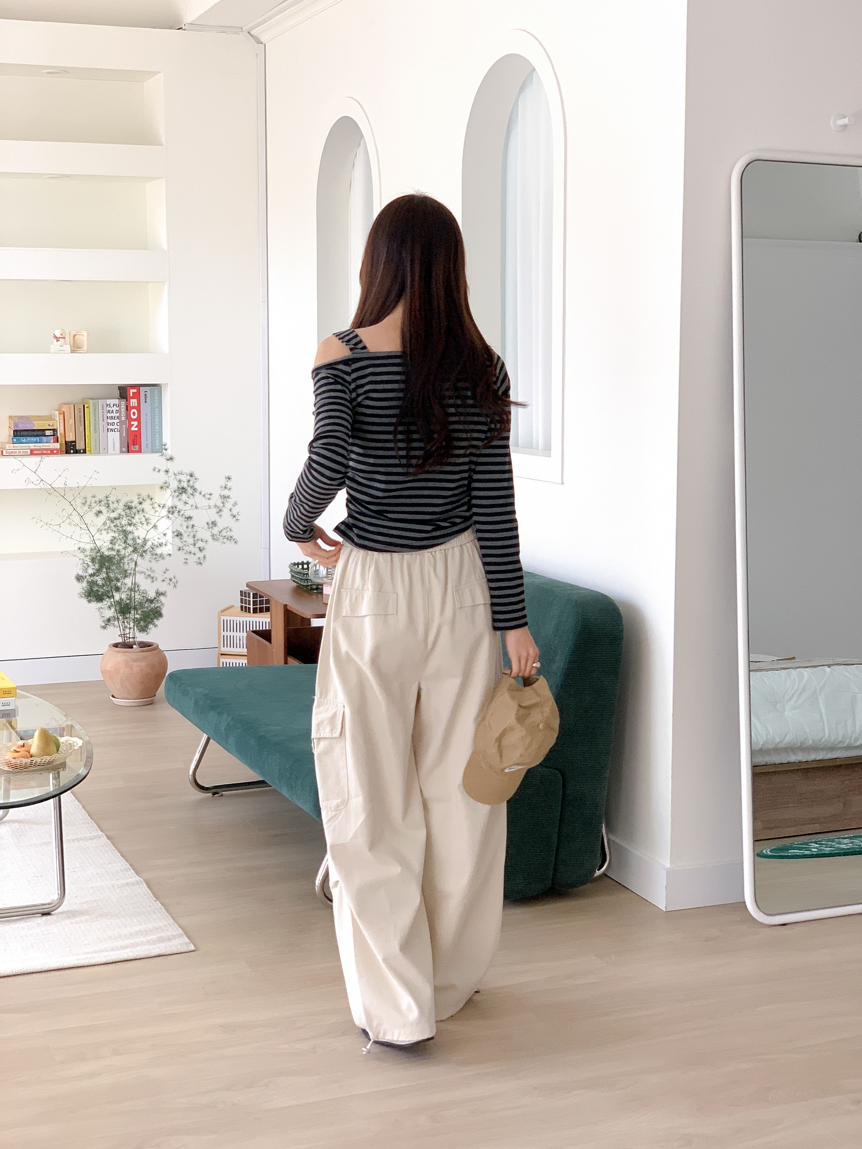 ワンショルダーアンバランスネックバックルシャーリングルーズ長袖ボーダーTシャツ | 詳細画像16