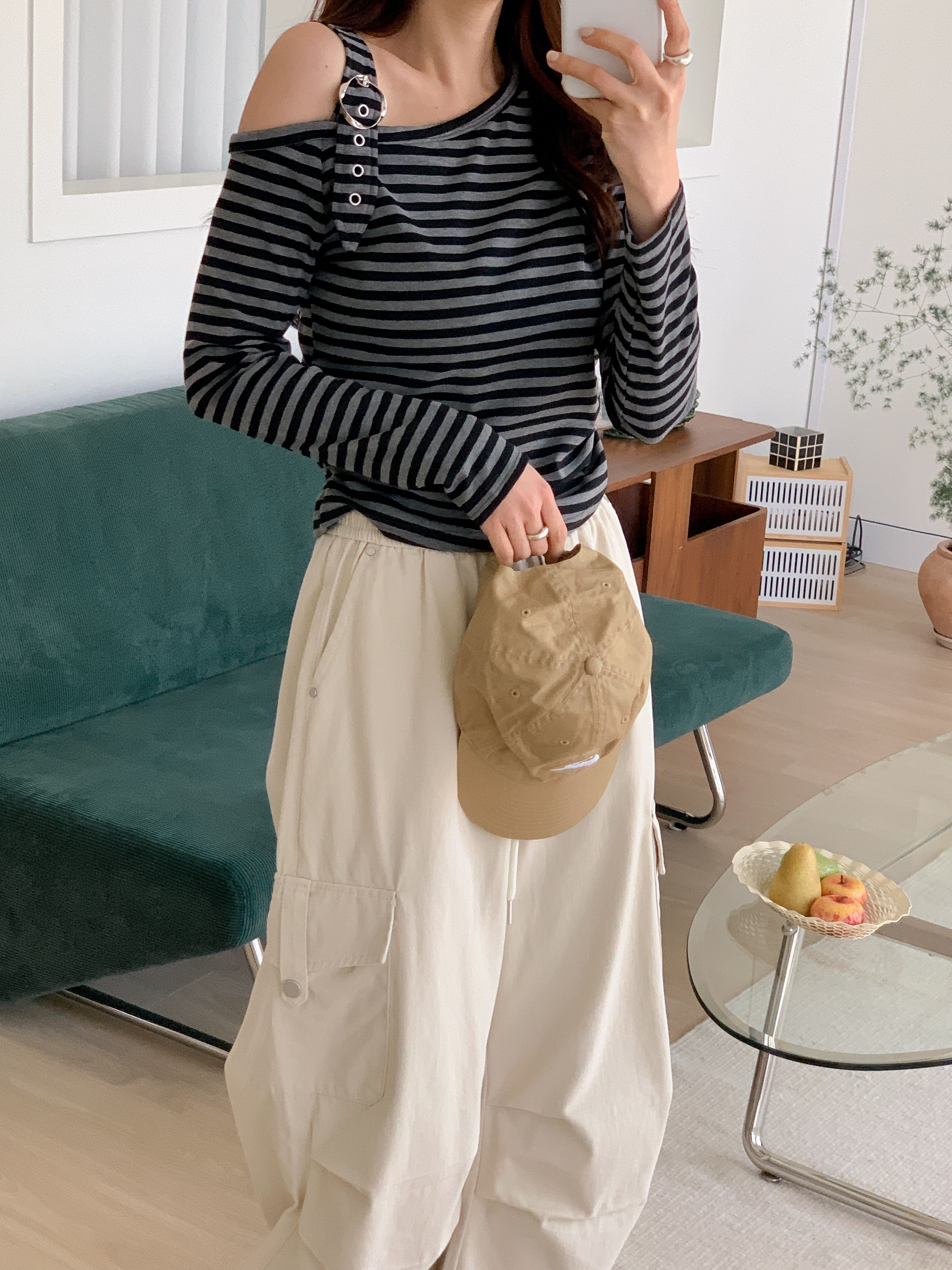 ワンショルダーアンバランスネックバックルシャーリングルーズ長袖ボーダーTシャツ | 詳細画像19