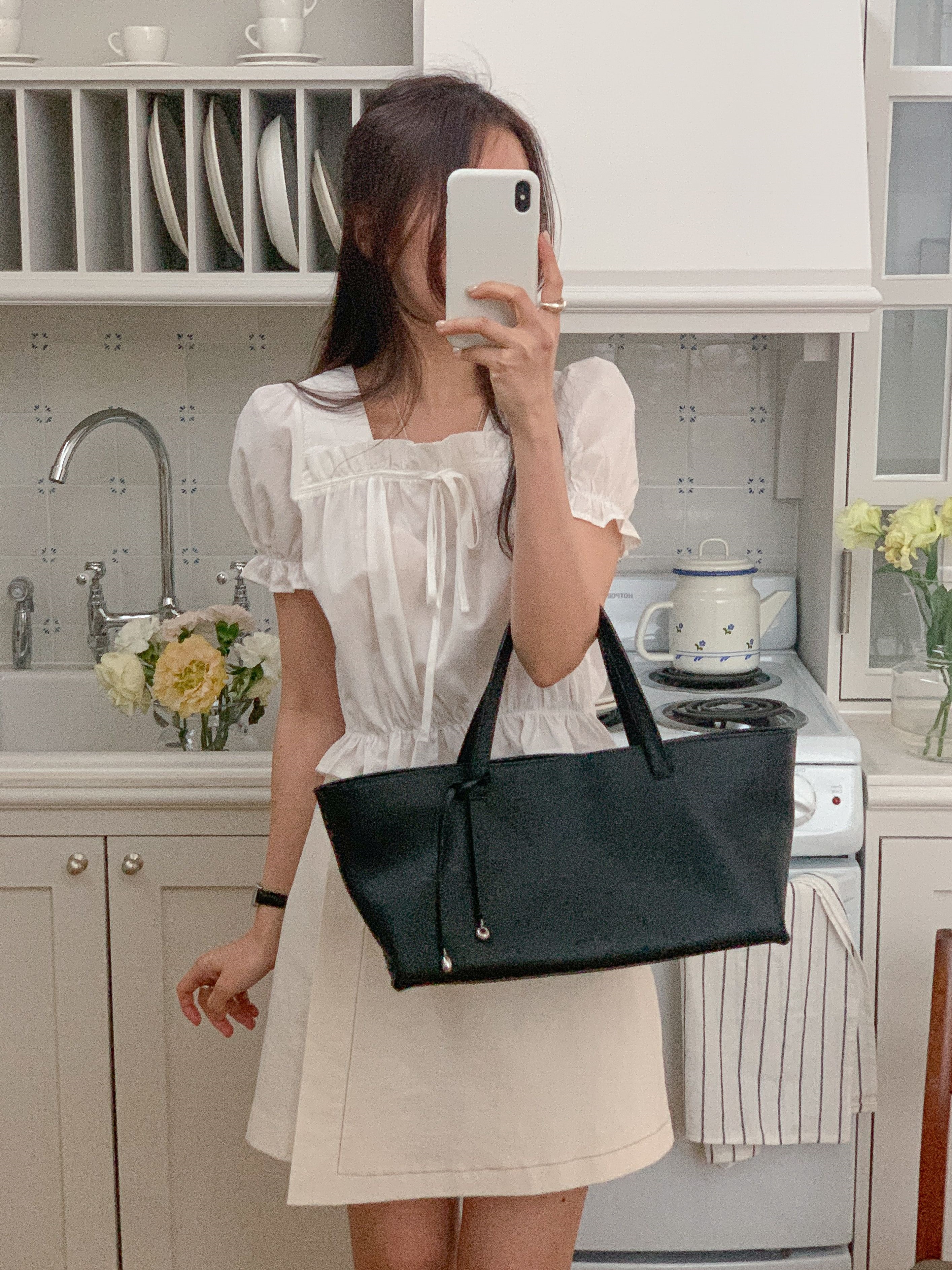 リボンスクエアネックシャーリングフリルパフスリーブクロップド半袖無地ブラウス | 詳細画像4