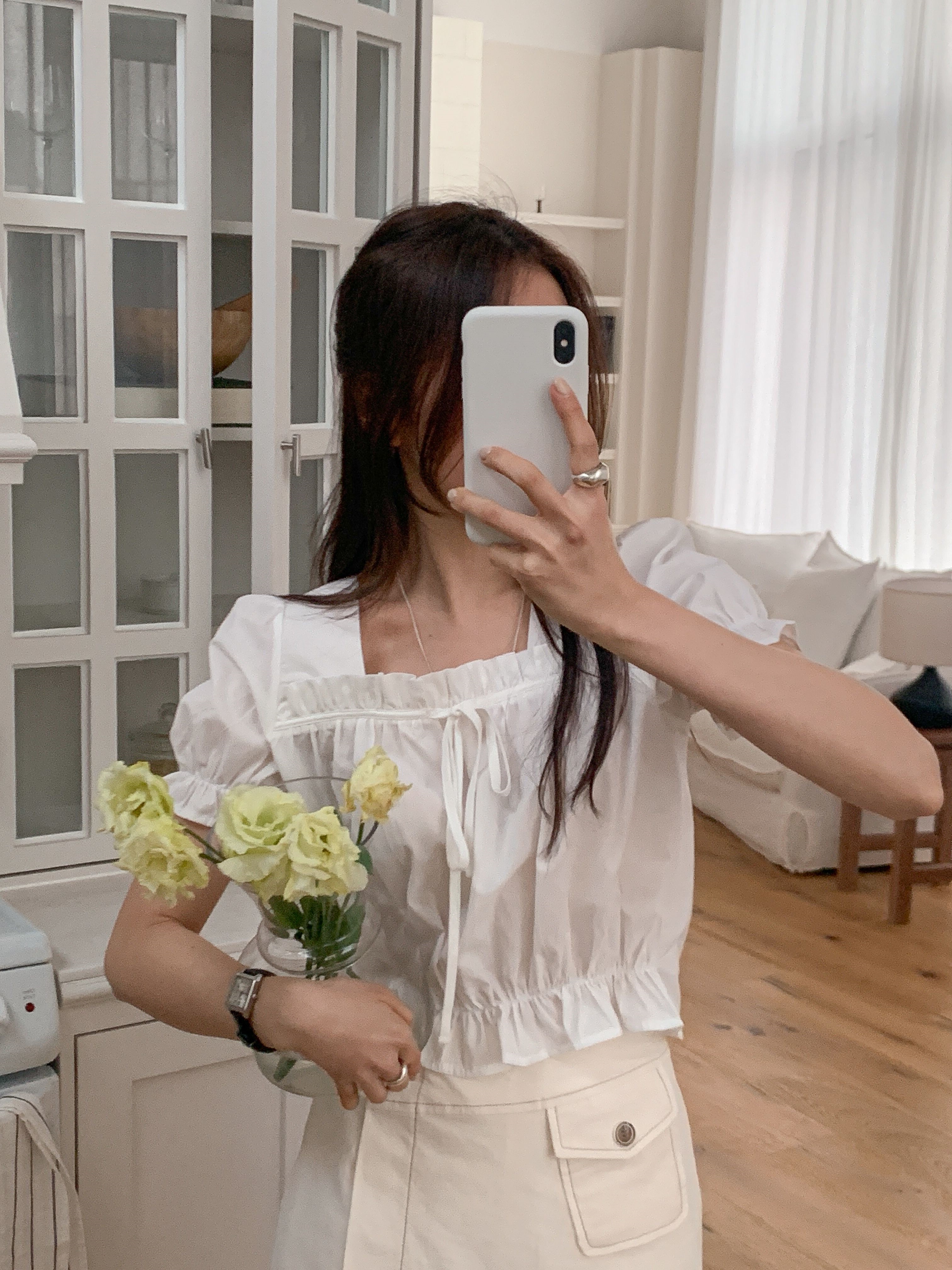 リボンスクエアネックシャーリングフリルパフスリーブクロップド半袖無地ブラウス | 詳細画像7