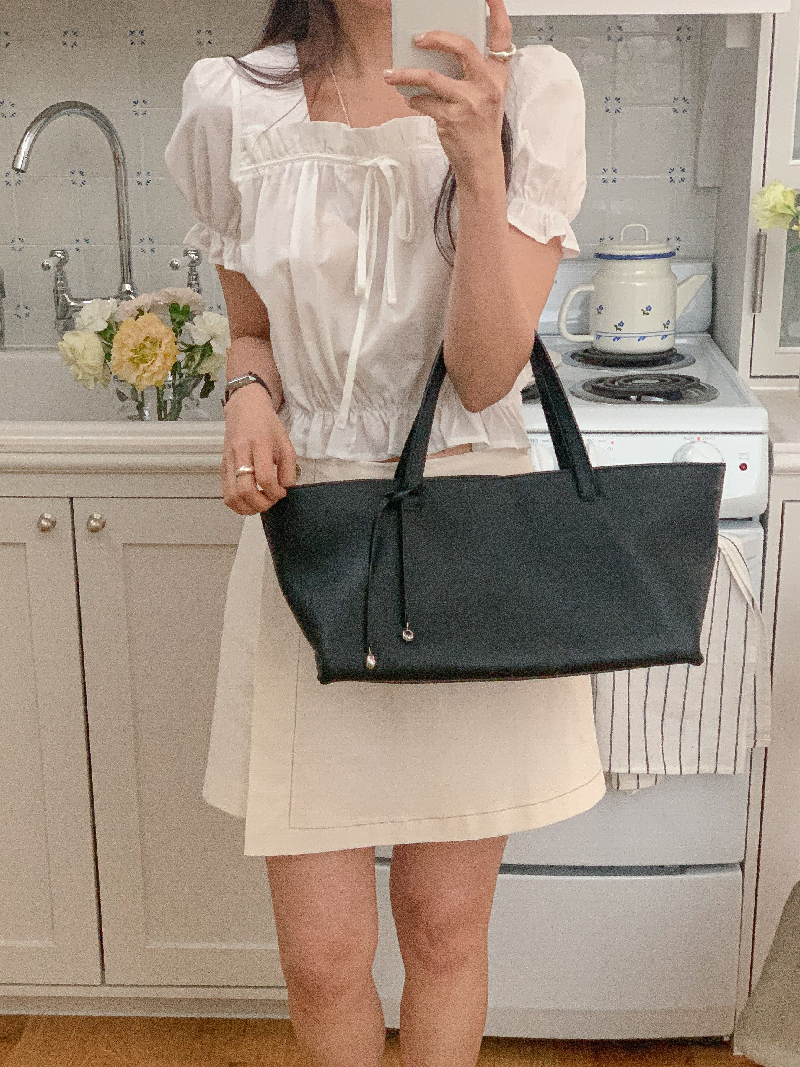 リボンスクエアネックシャーリングフリルパフスリーブクロップド半袖無地ブラウス | 詳細画像14