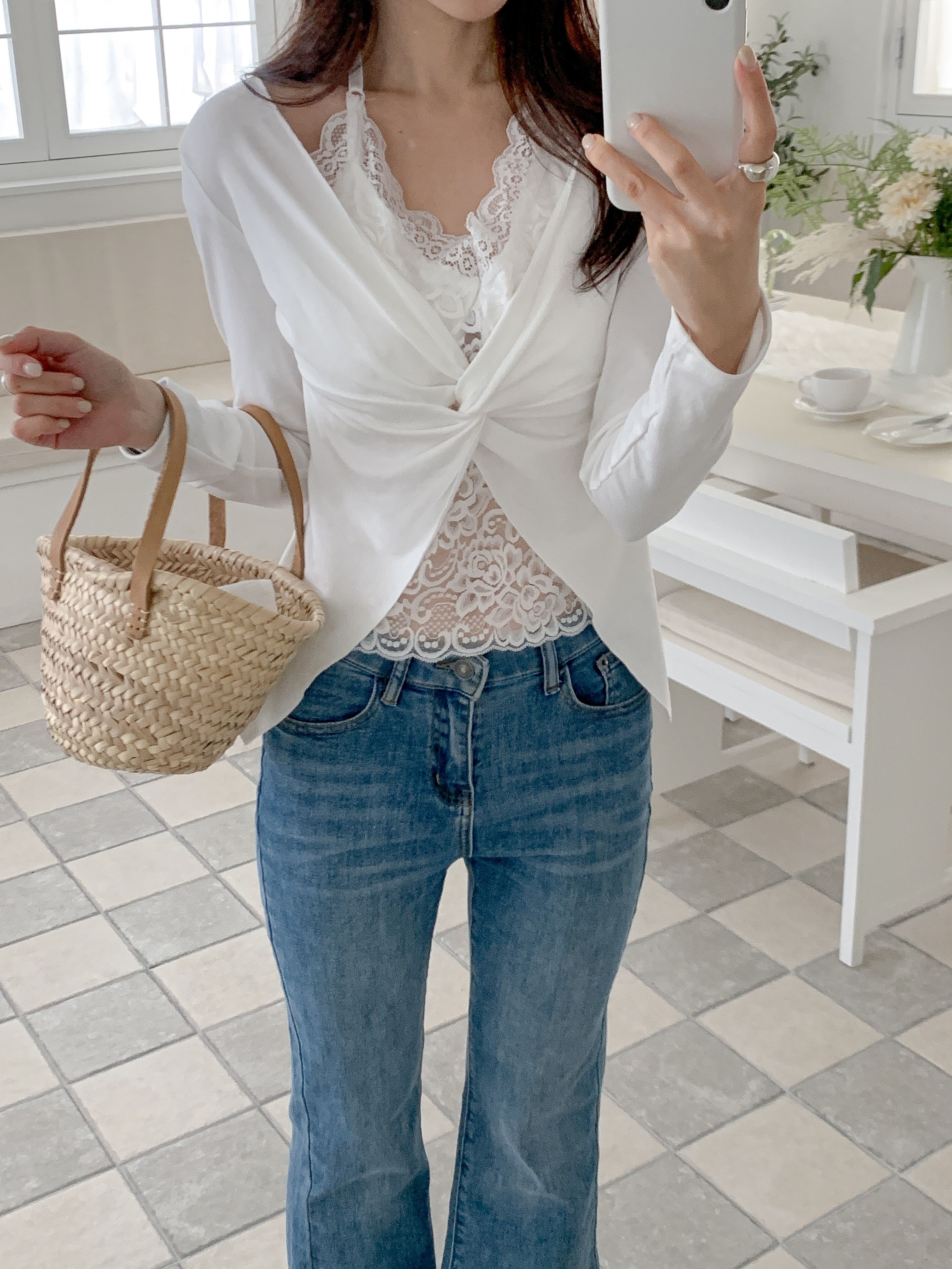 レースコンビVネックホルターネッククロップドスリムレイヤード風ツイスト長袖Tシャツカップ付 | 詳細画像13