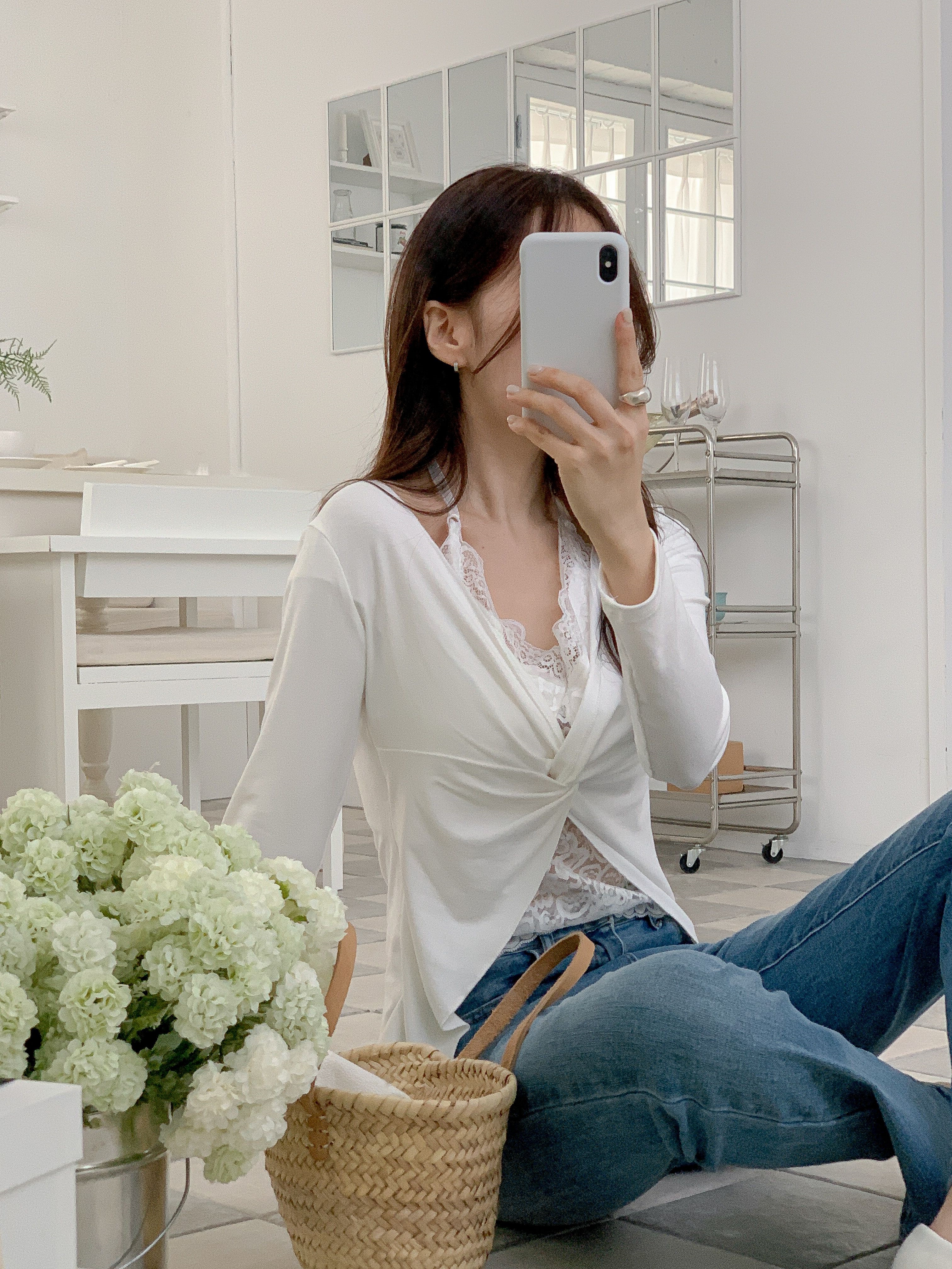 レースコンビVネックホルターネッククロップドスリムレイヤード風ツイスト長袖Tシャツカップ付 | 詳細画像15