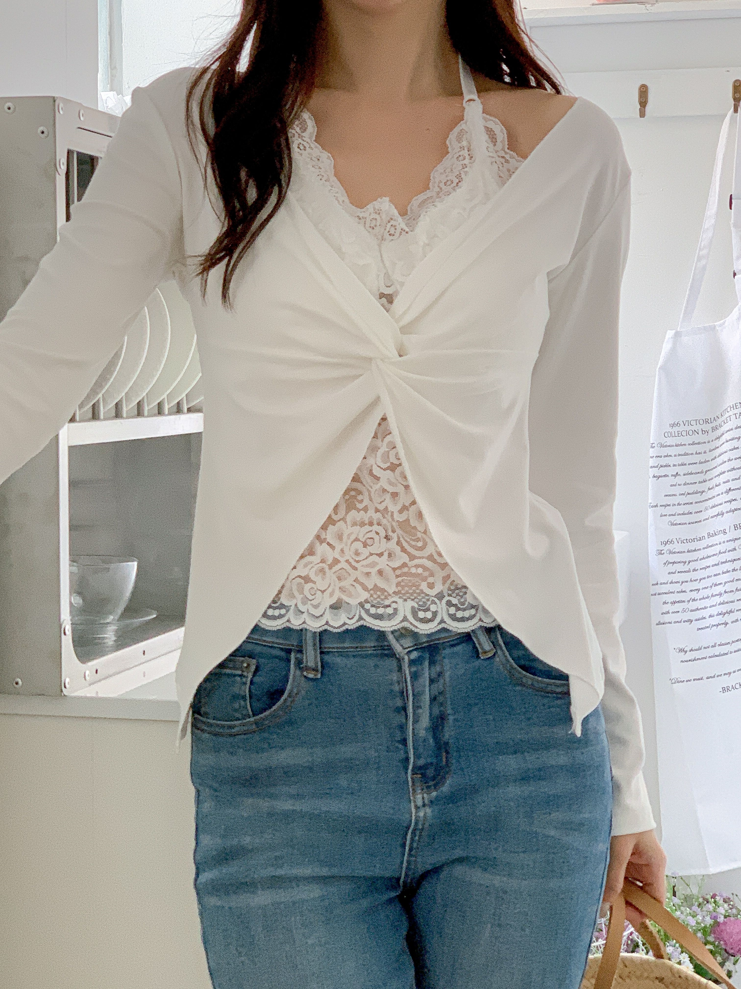 レースコンビVネックホルターネッククロップドスリムレイヤード風ツイスト長袖Tシャツカップ付 | 詳細画像19